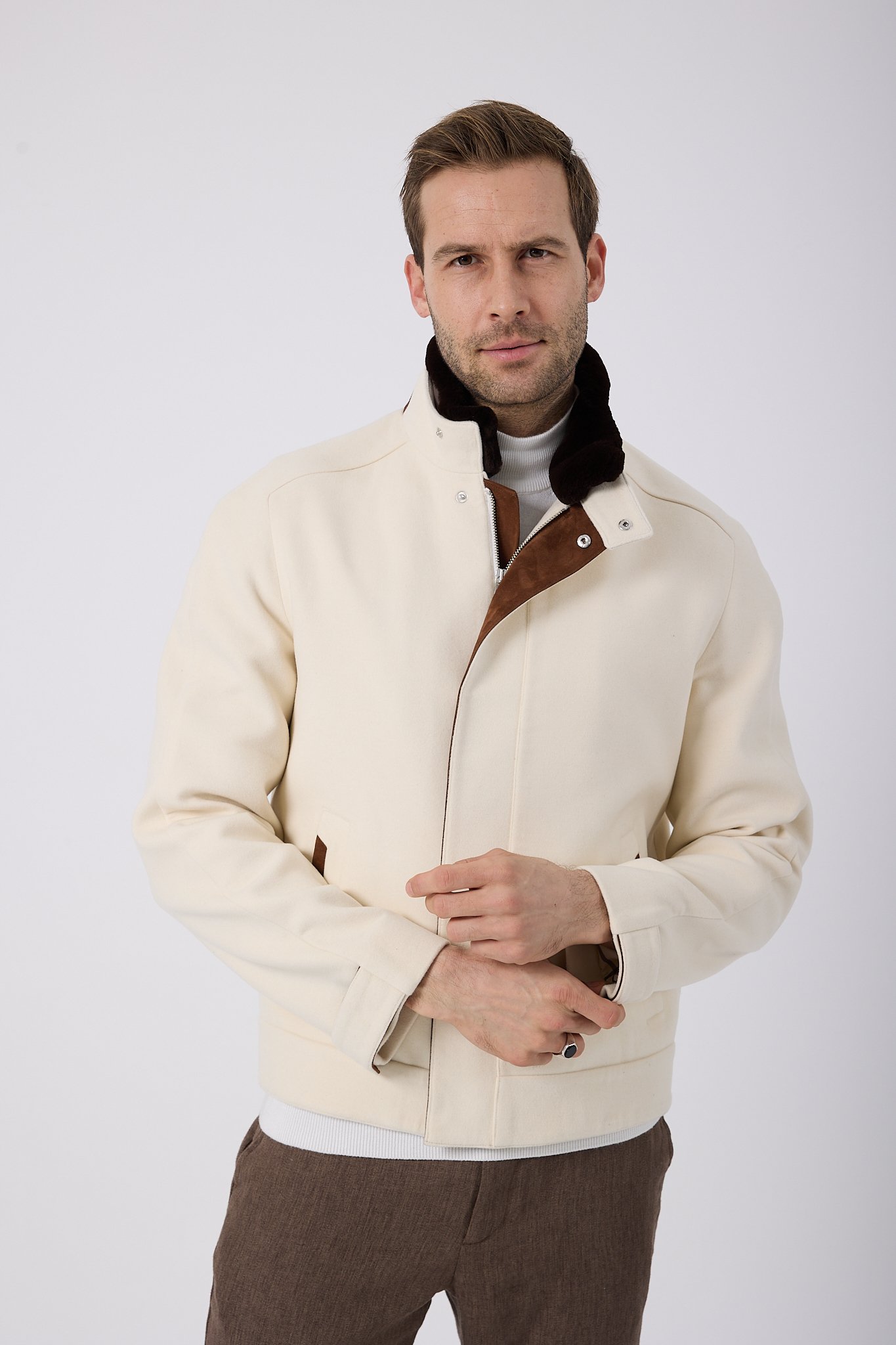 Vicuna Men's Fabric Jacket with Rex Trimming