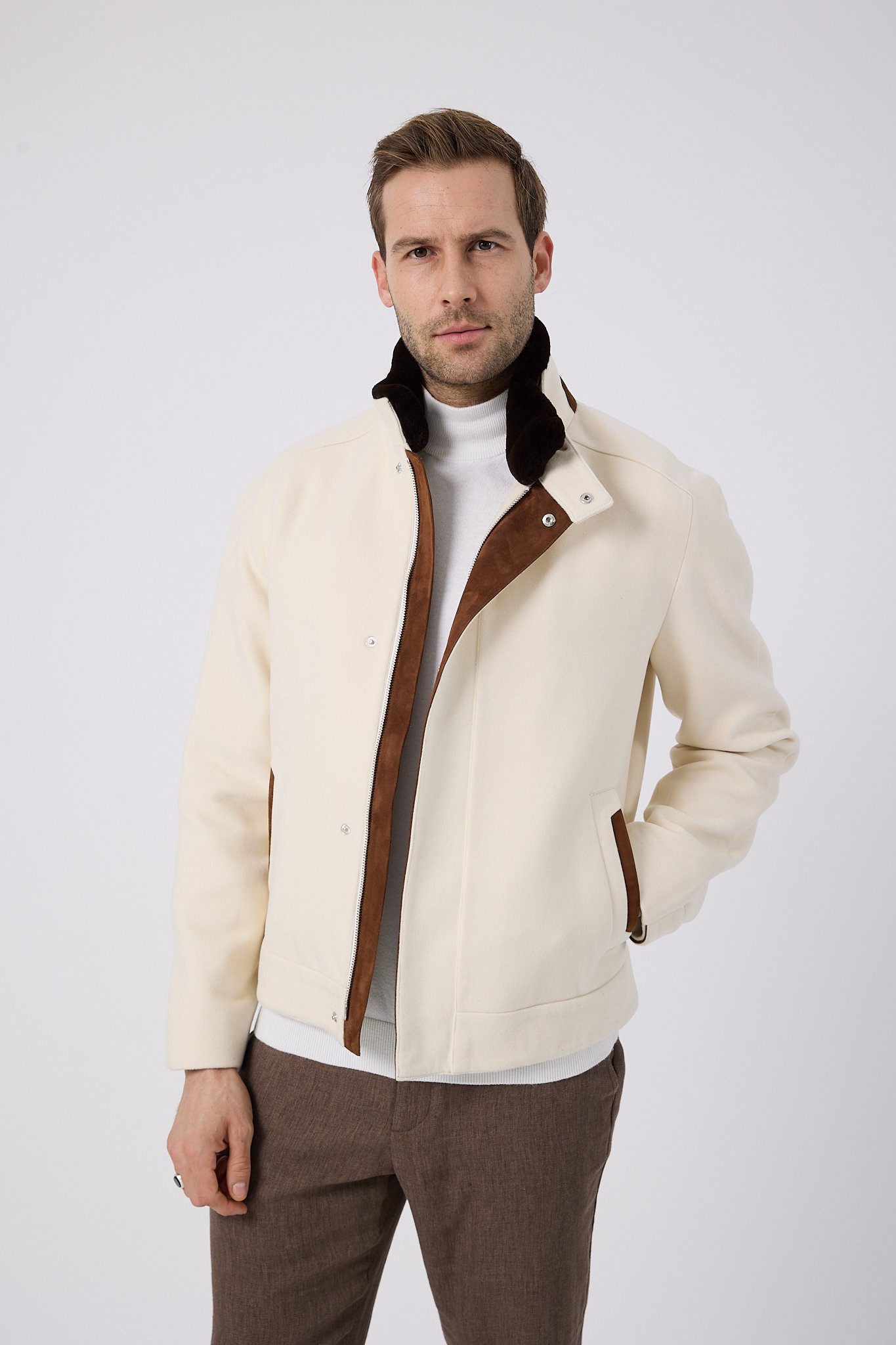 Vicuna Men's Fabric Jacket with Rex Trimming