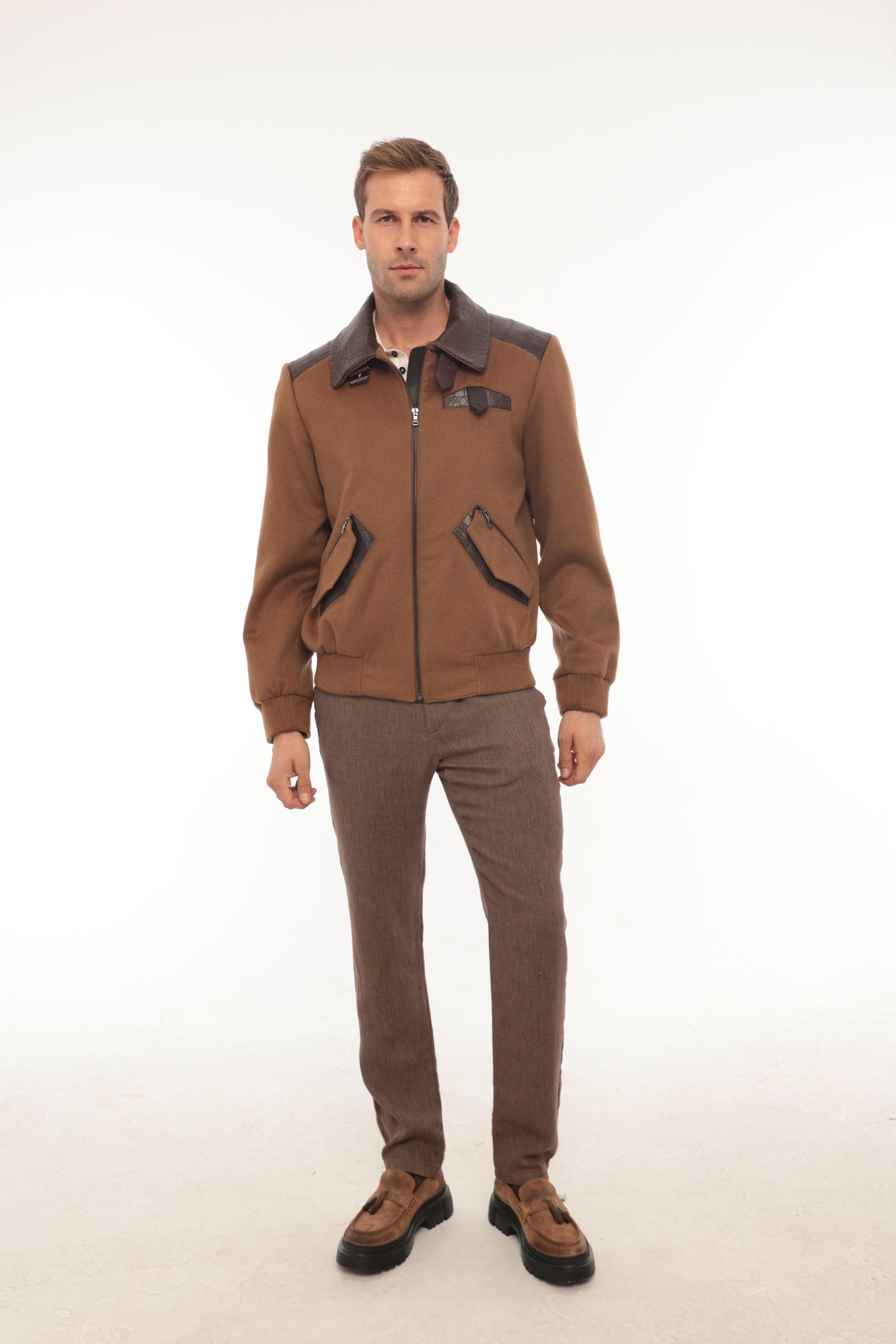 Vicuna Men's Wool Fabric Jacket With Crocodile Trimming