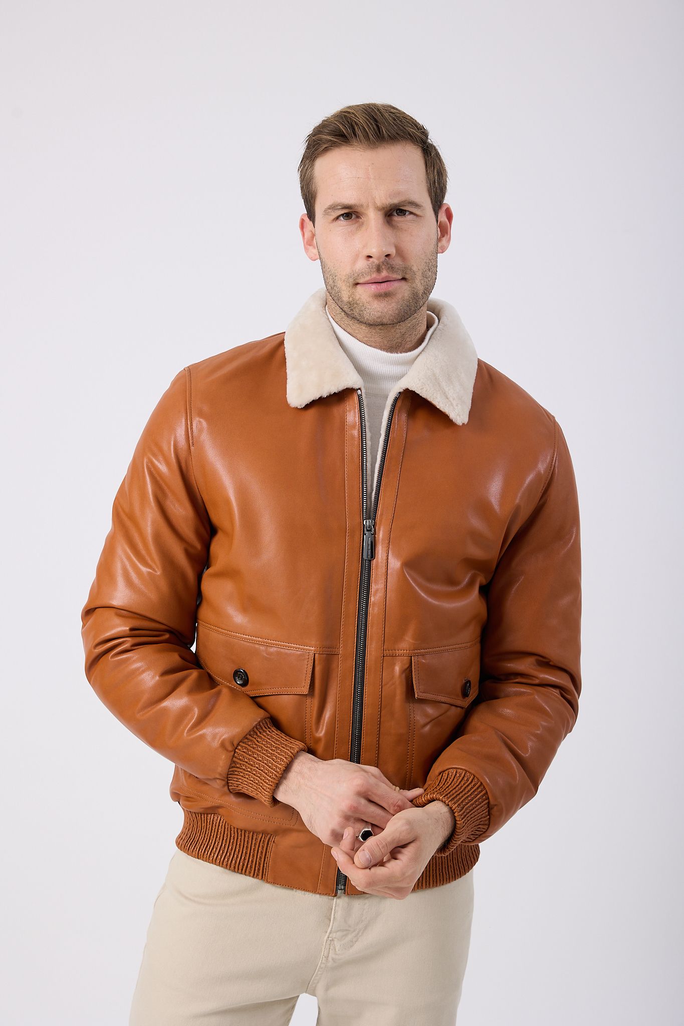 Vicuna Men's Leather Jacket with Lamb Fur Trimming