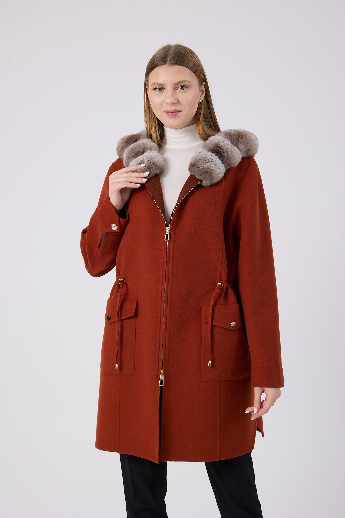 Vicuna Women's Loro Piana Fabric Coat with Chinchilla Trimming