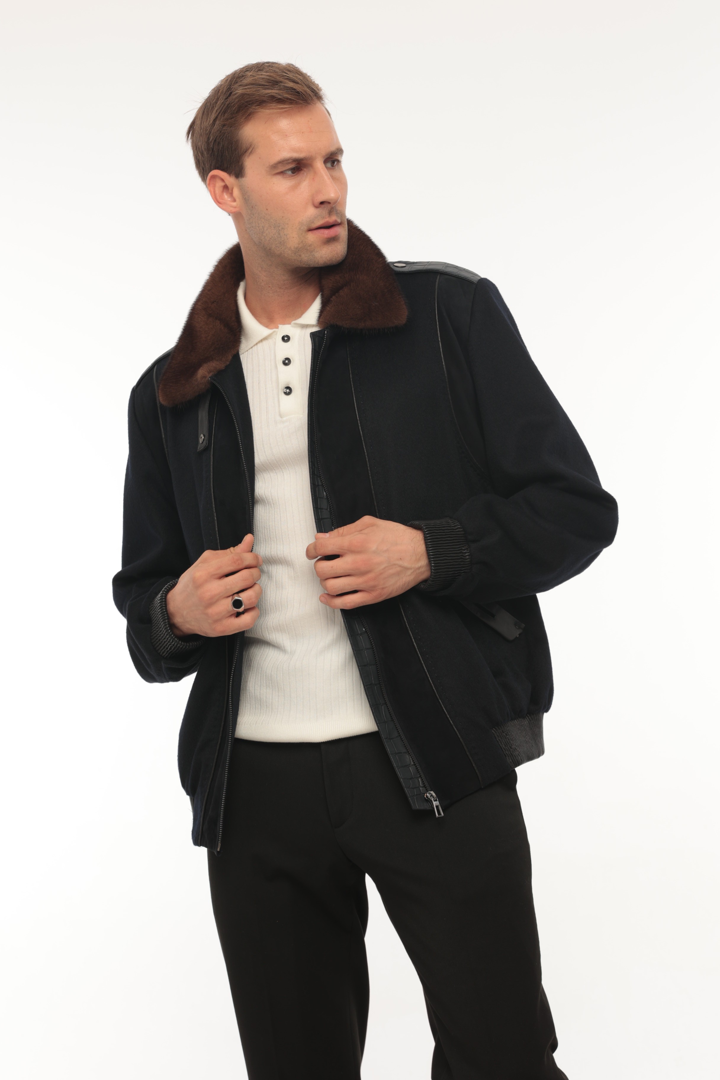 Vicuna Men's Wool Fabric Jacket With Crocodile Trimming