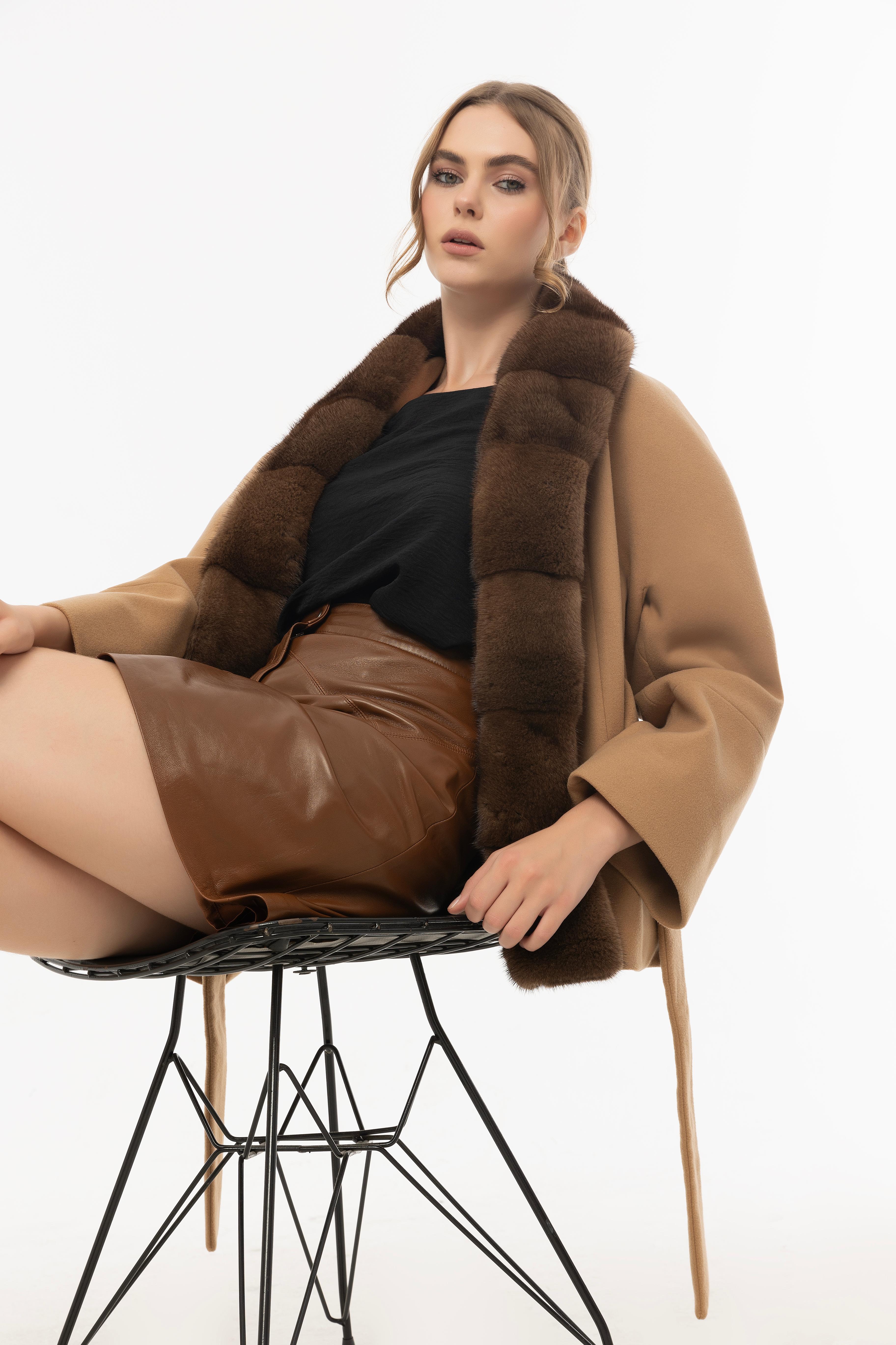 Vicuna Women's Fabric Jacket With Mink Trimming