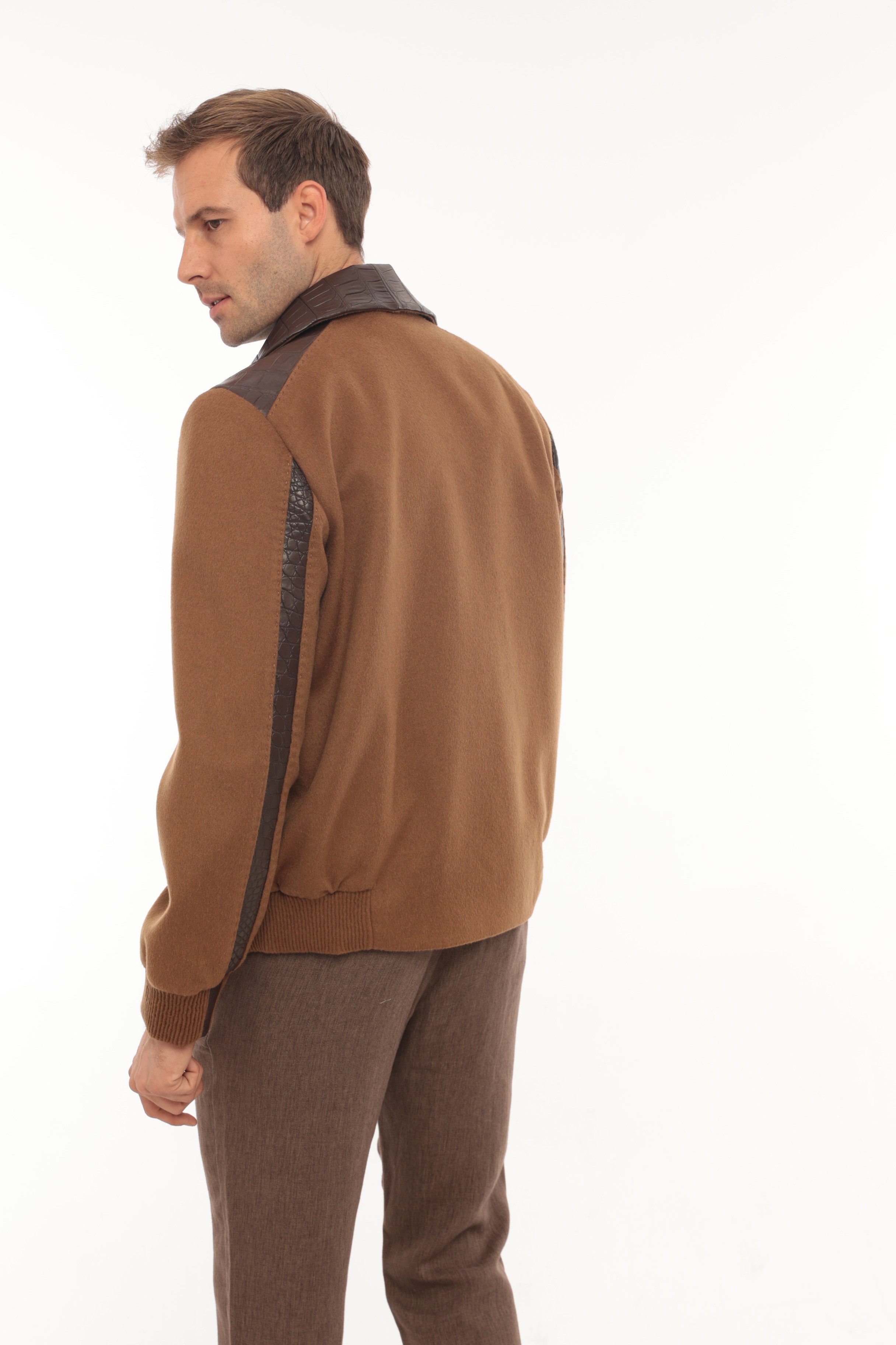 Vicuna Men's Wool Fabric Jacket With Crocodile Trimming