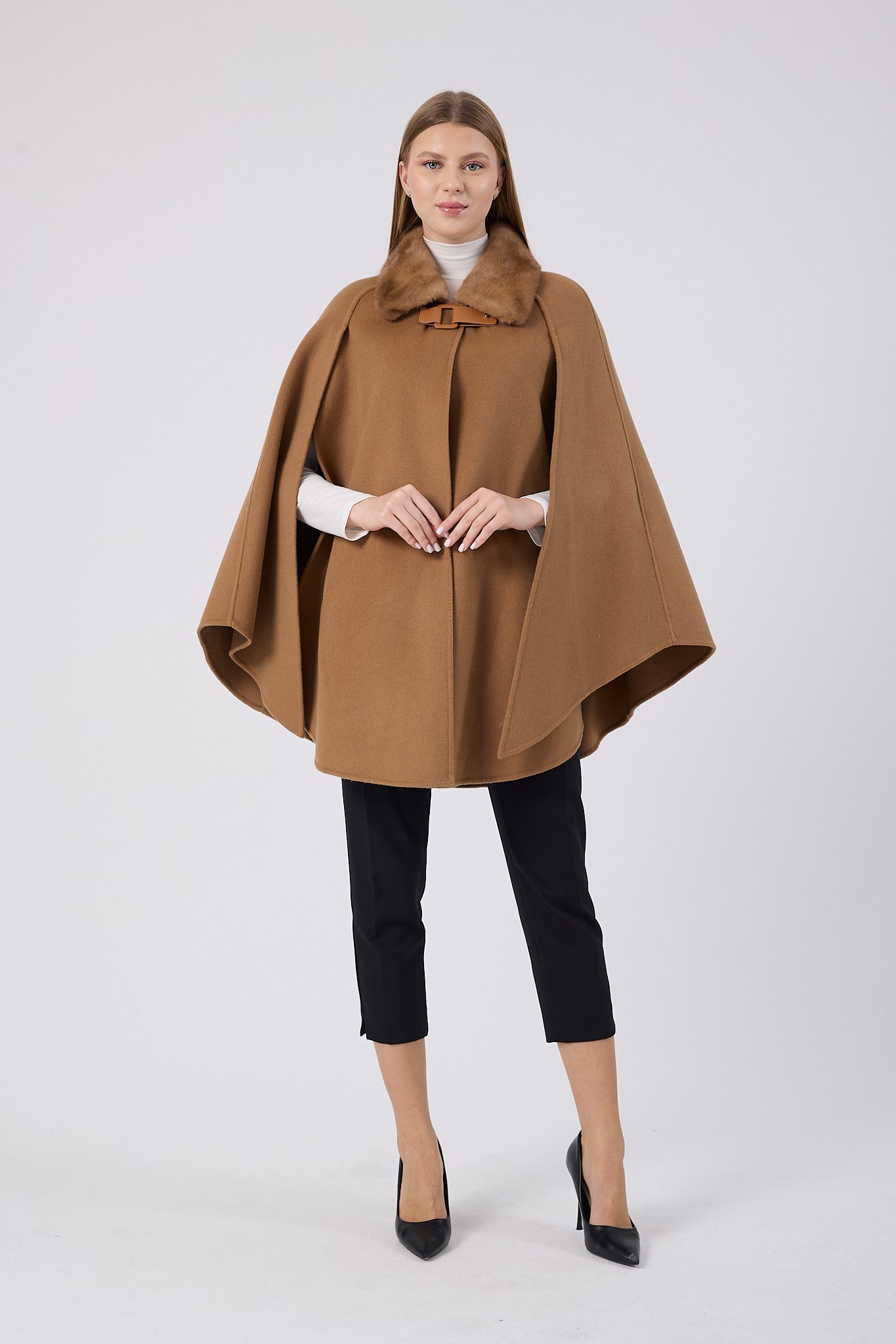 Vicuna Women's Fabric Cape with Mink Trimming