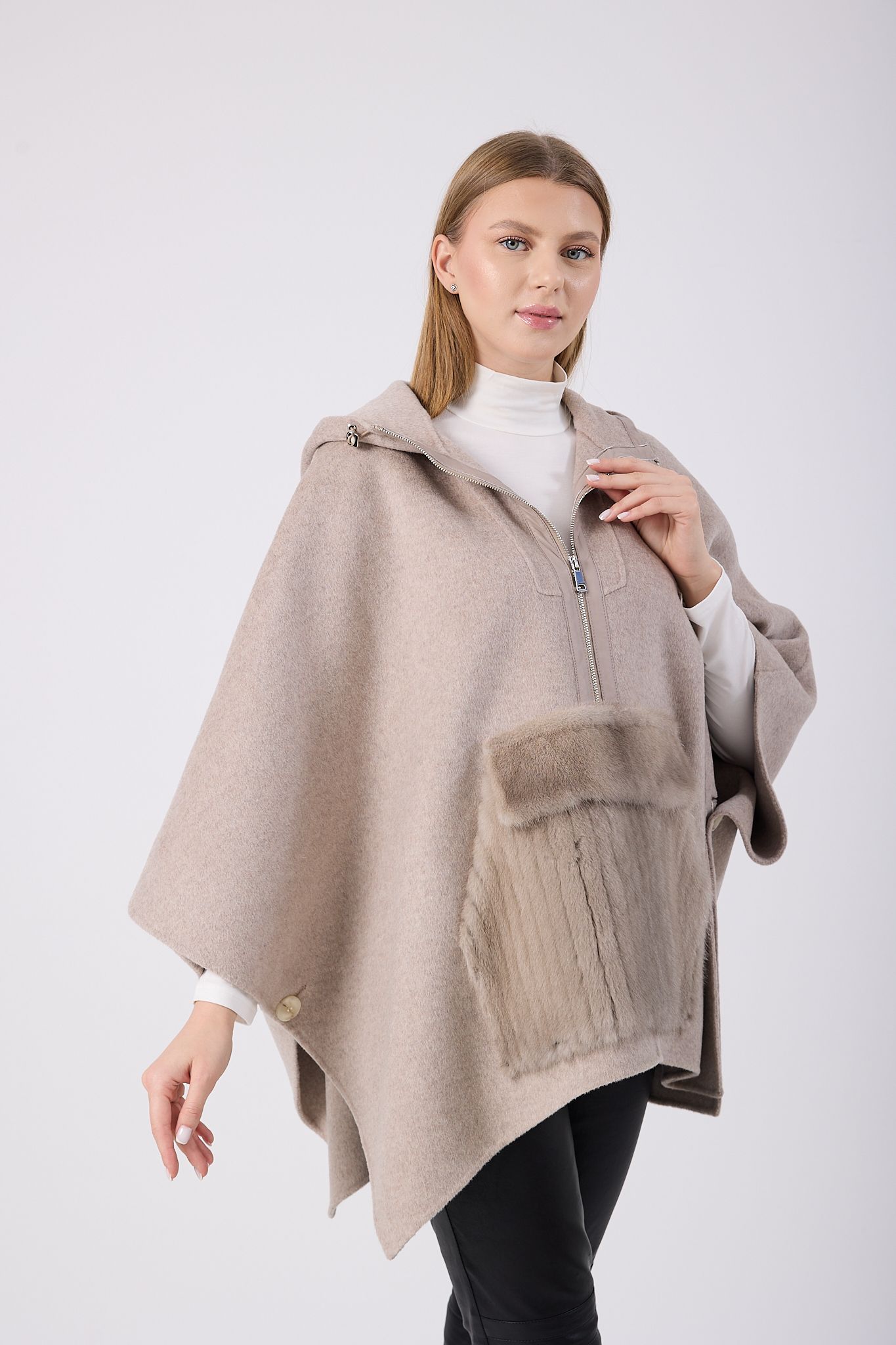 Vicuna Women's Fabric Cape with Mink Trimming