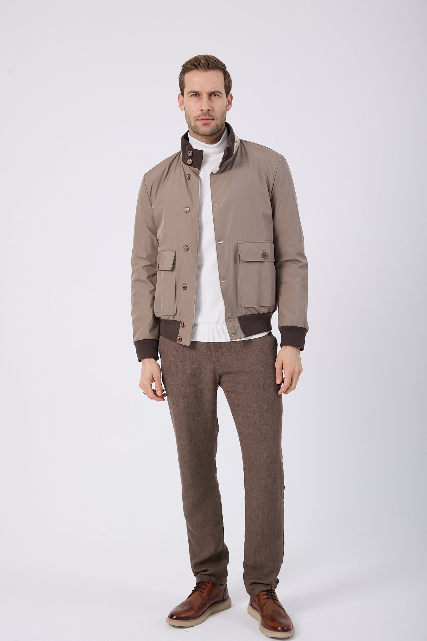 Vicuna Men's Fabric Jacket with Lamb Fur Trimming