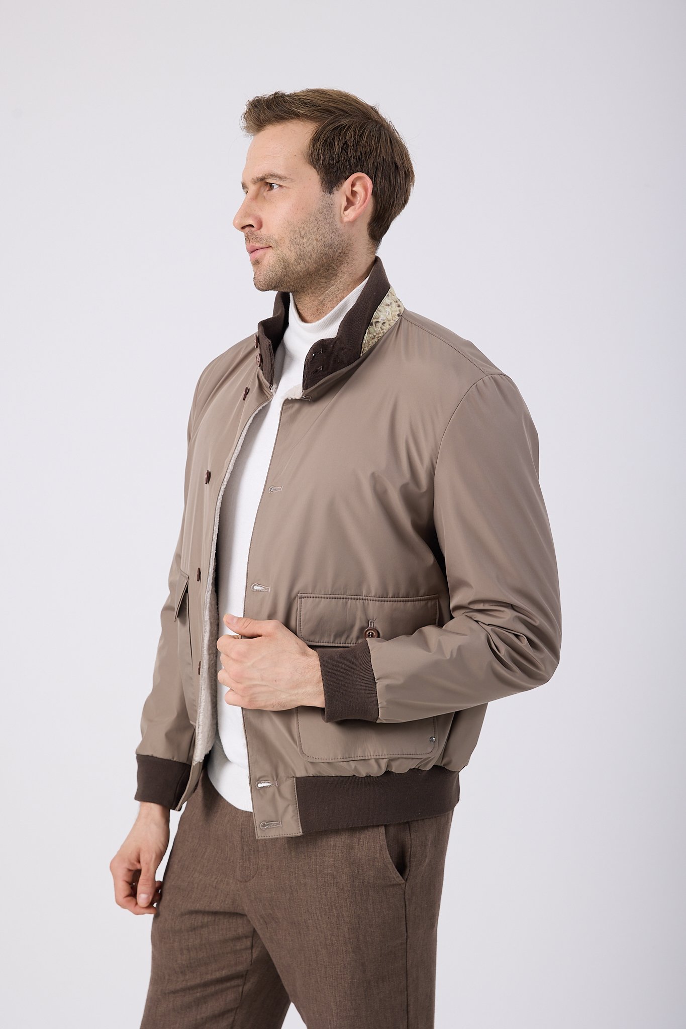 Vicuna Men's Fabric Jacket with Lamb Fur Trimming