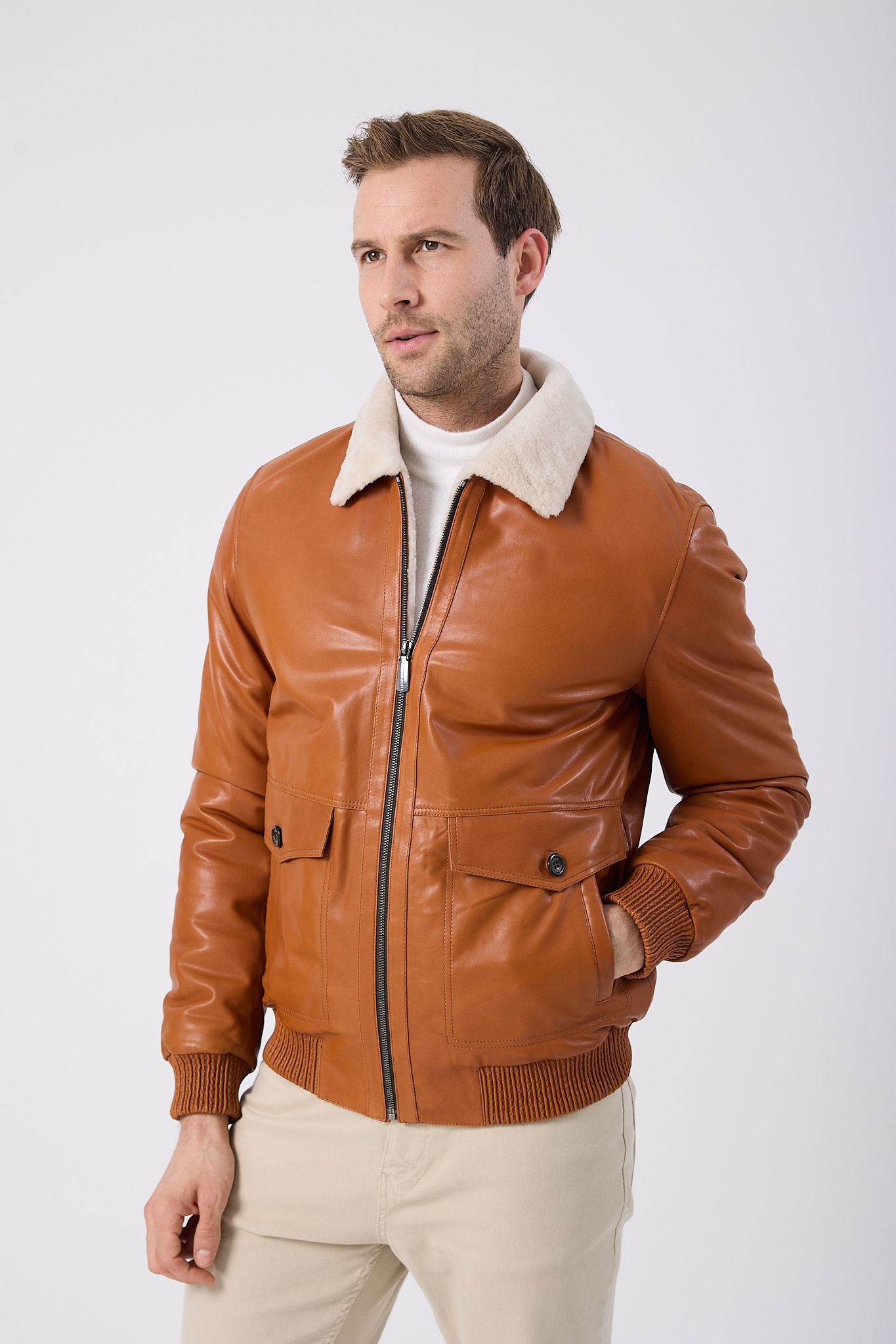 Vicuna Men's Leather Jacket with Lamb Fur Trimming