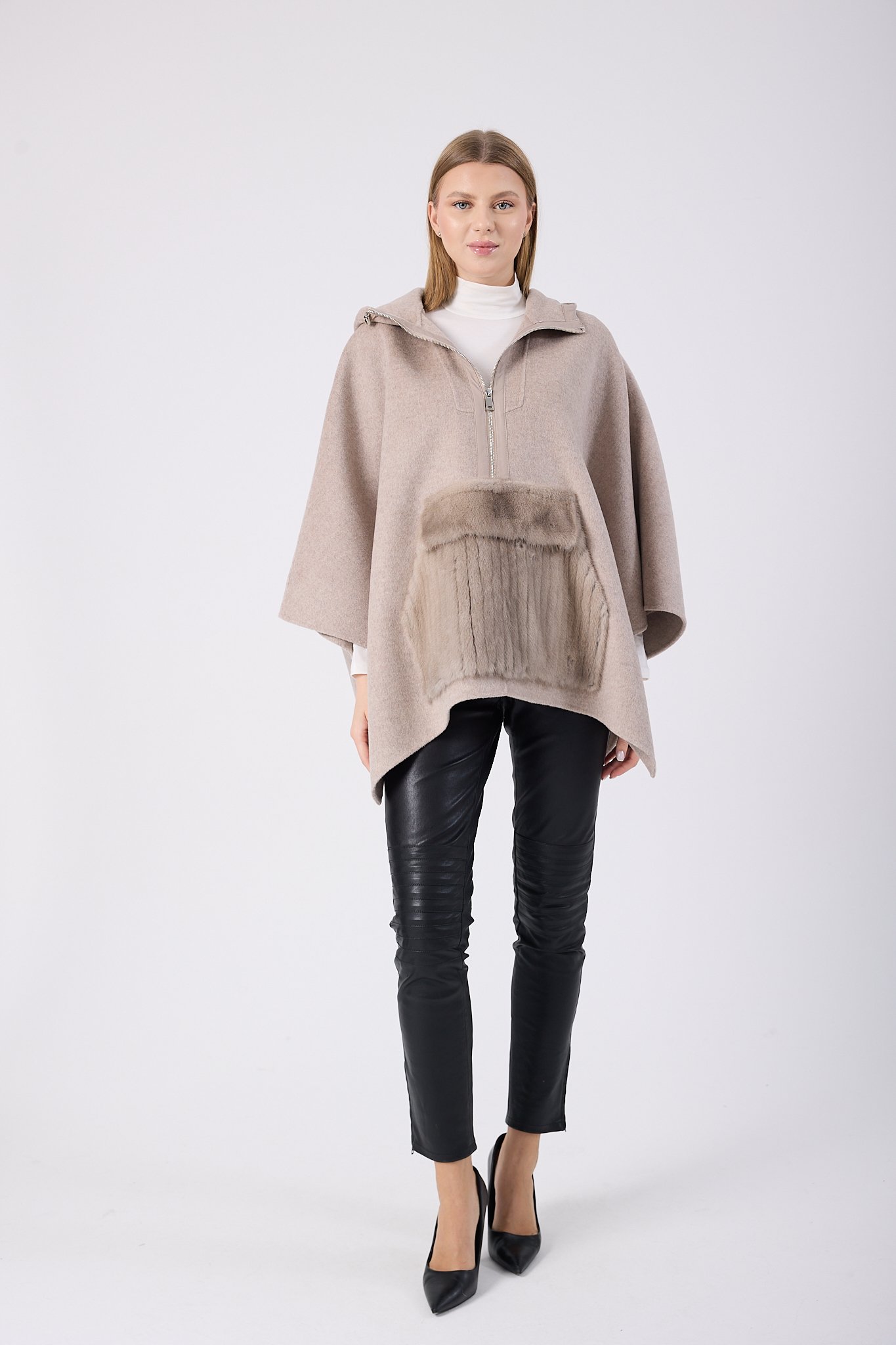 Vicuna Women's Fabric Cape with Mink Trimming