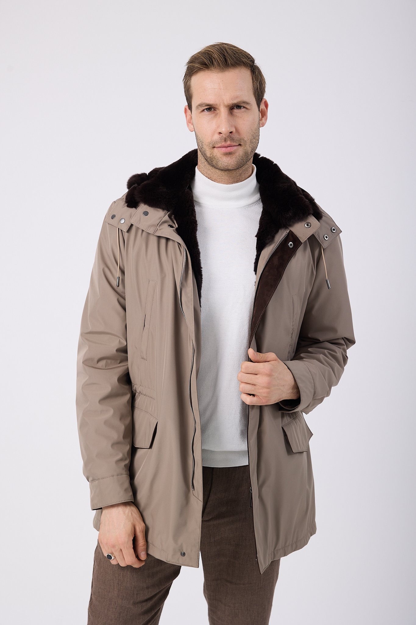 Vicuna Men's Fabric Coat with Rex Trimming