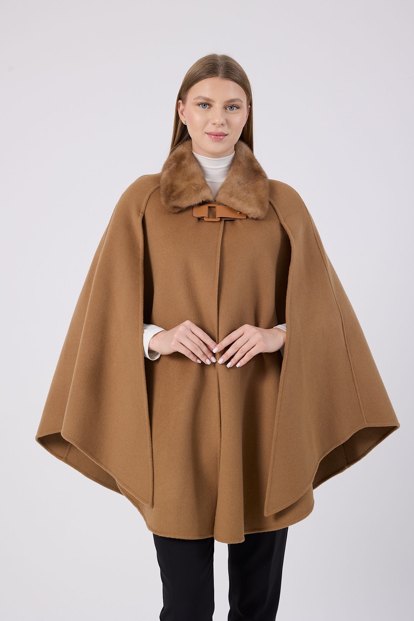 Vicuna Women's Fabric Cape with Mink Trimming