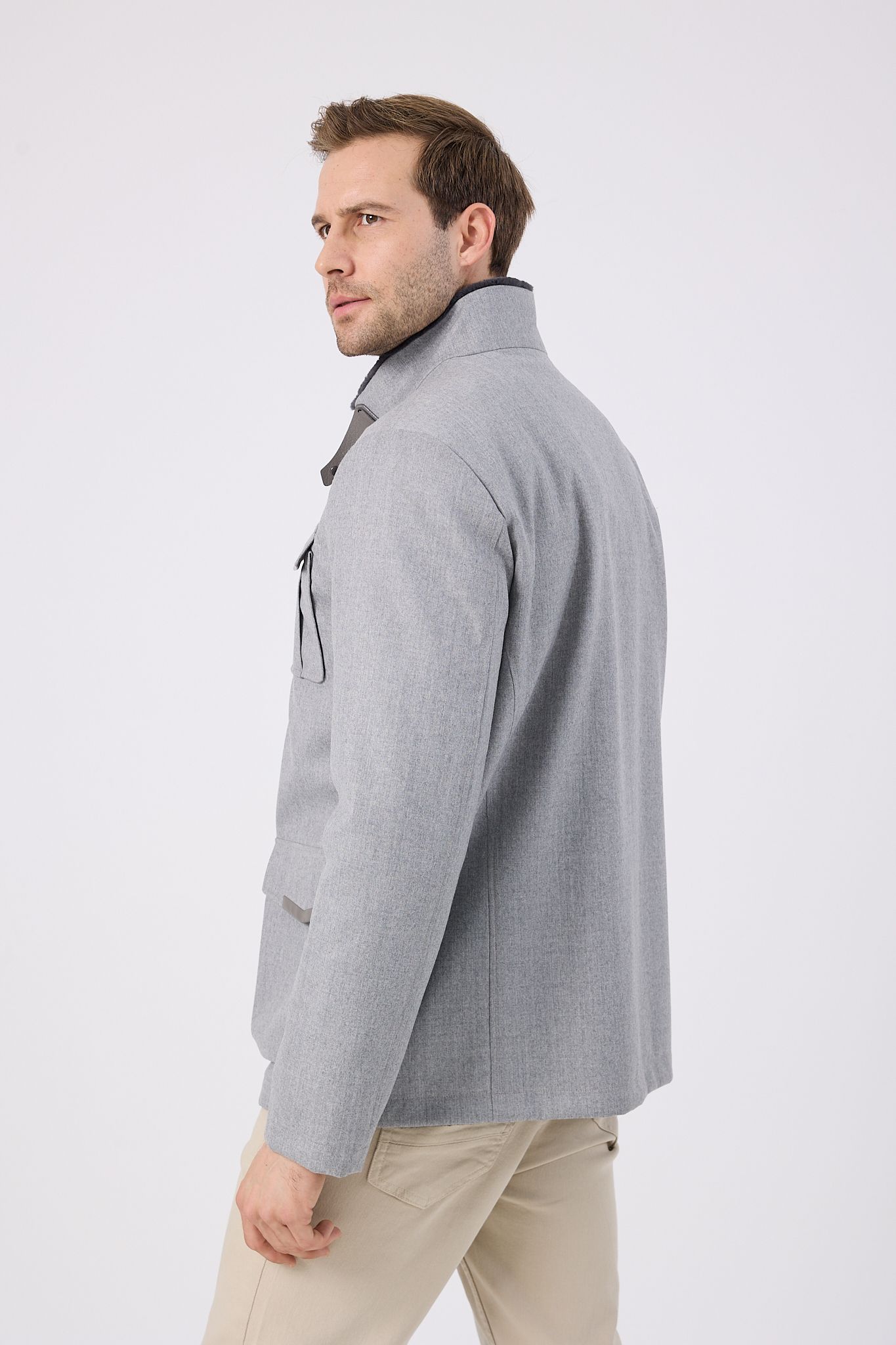 Vicuna Men's Fabric Coat with Rex Trimming