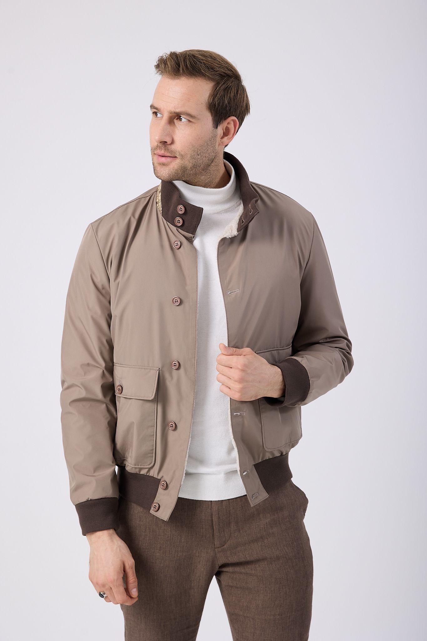 Vicuna Men's Fabric Jacket with Lamb Fur Trimming