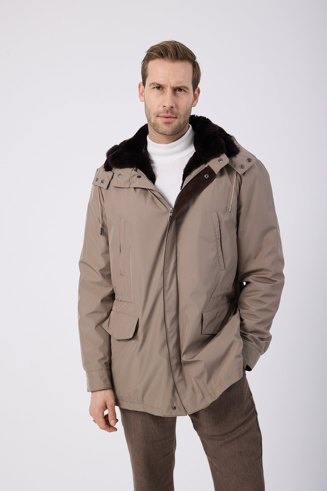 Vicuna Men's Fabric Coat with Rex Trimming