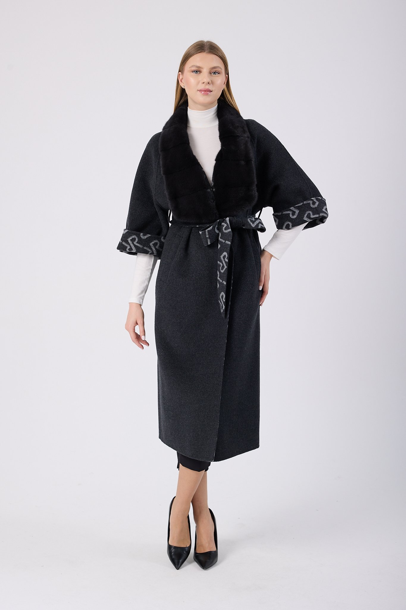 Vicuna Women's Fabric Coat with Mink Trimming