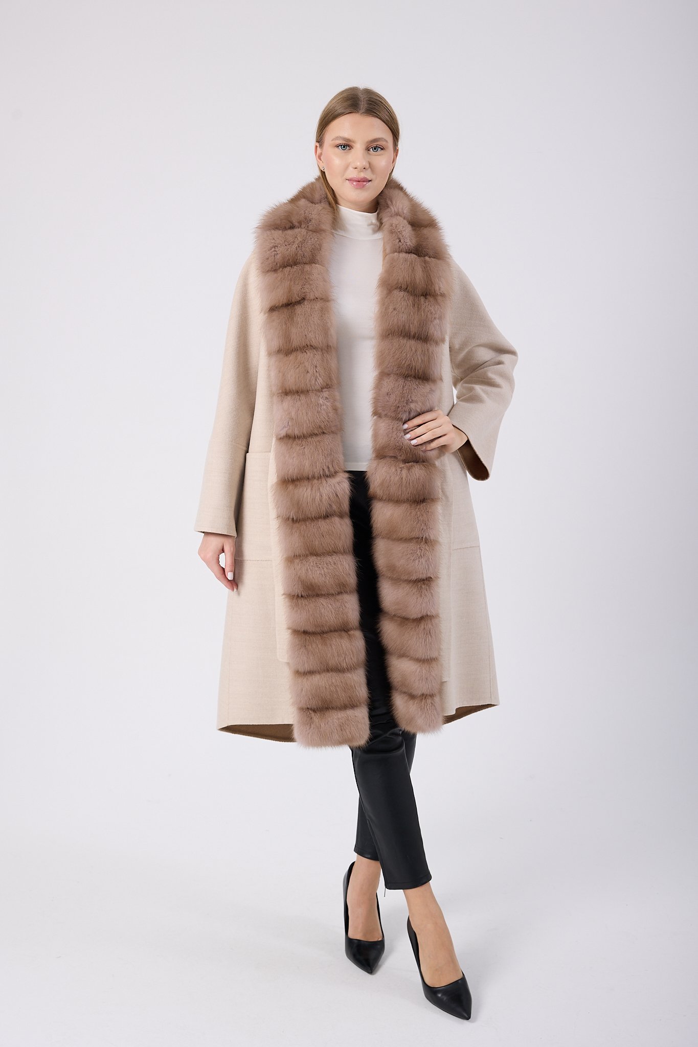 Vicuna Women's Loro Piana Fabric Coat with Sable Trimming