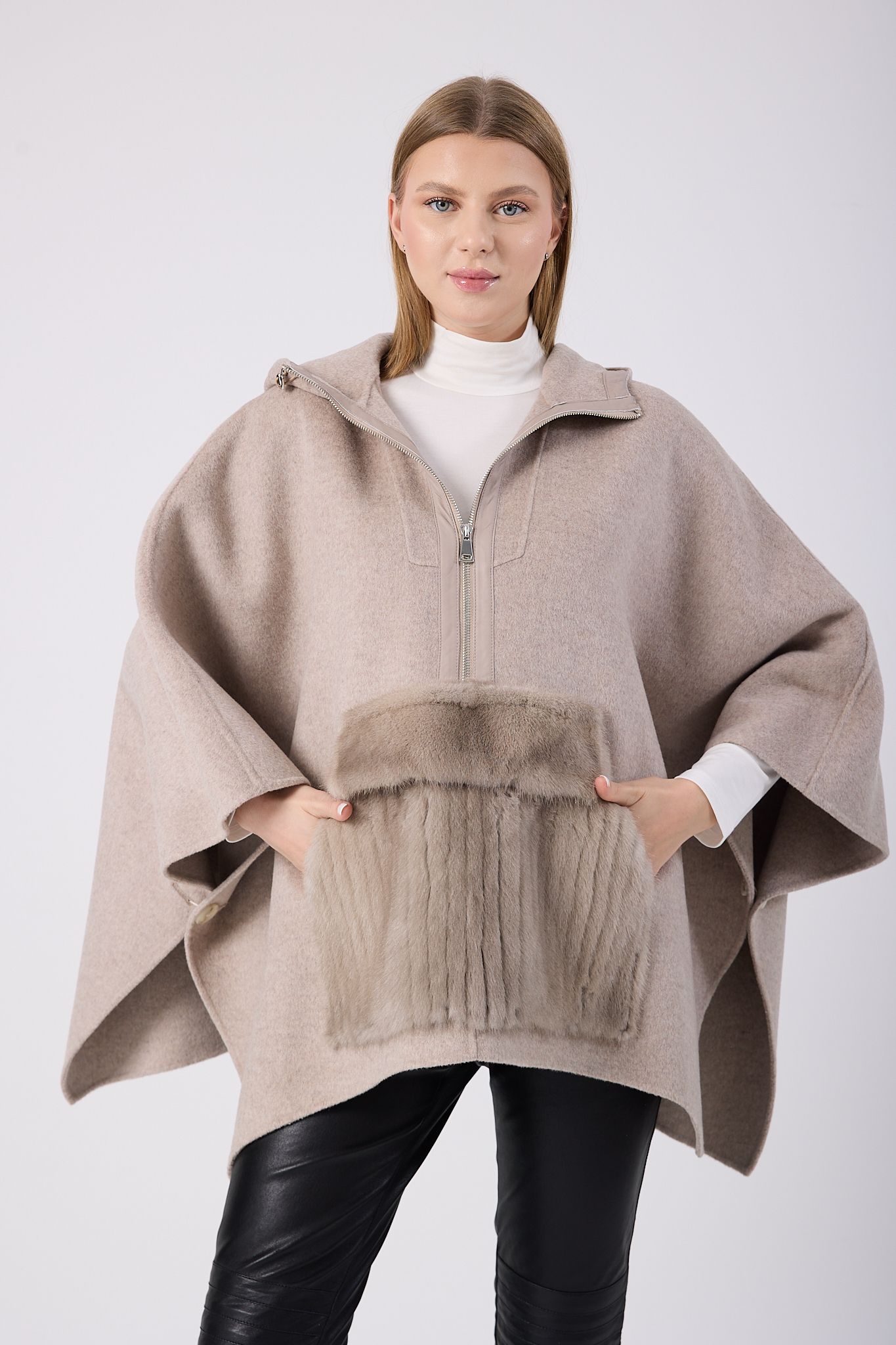 Vicuna Women's Fabric Cape with Mink Trimming