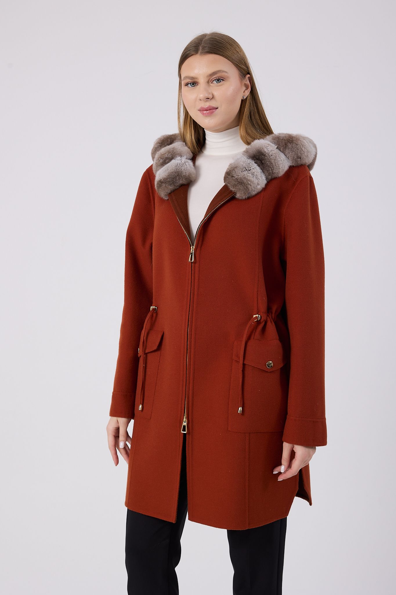 Vicuna Women's Loro Piana Fabric Coat with Chinchilla Trimming