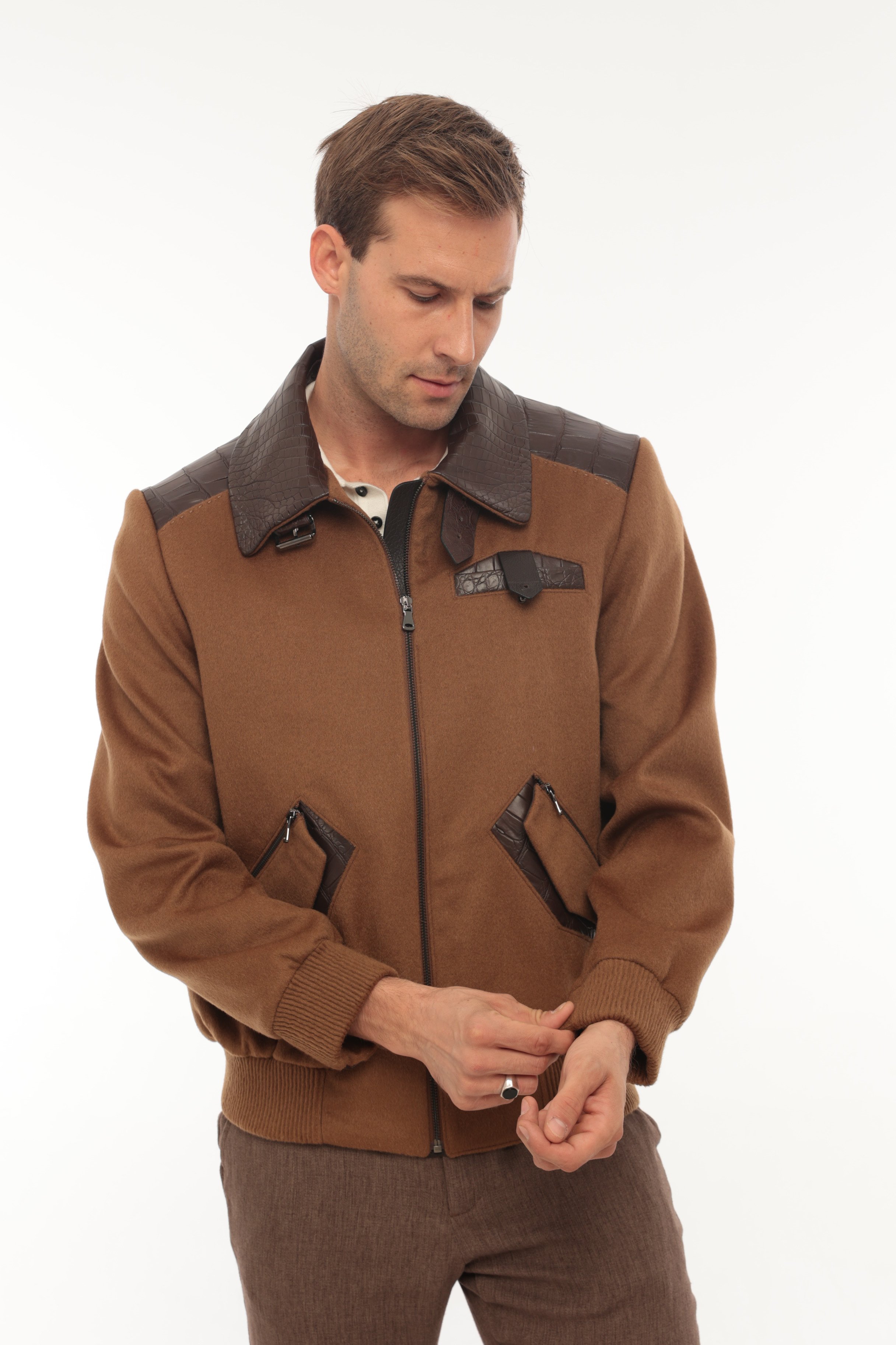 Vicuna Men's Wool Fabric Jacket With Crocodile Trimming