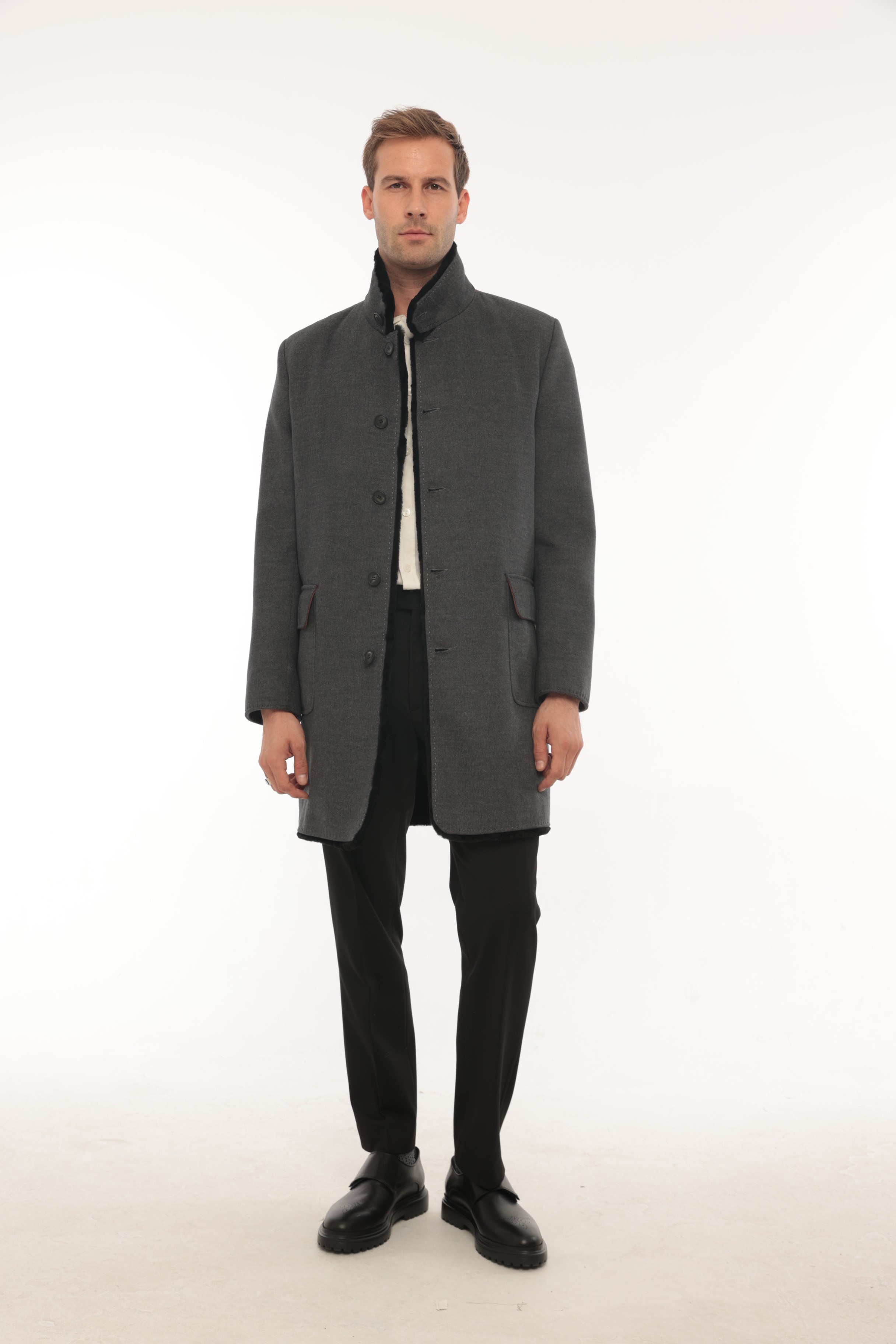 Vicuna Men's Fabric Jacket With Rex Trimming