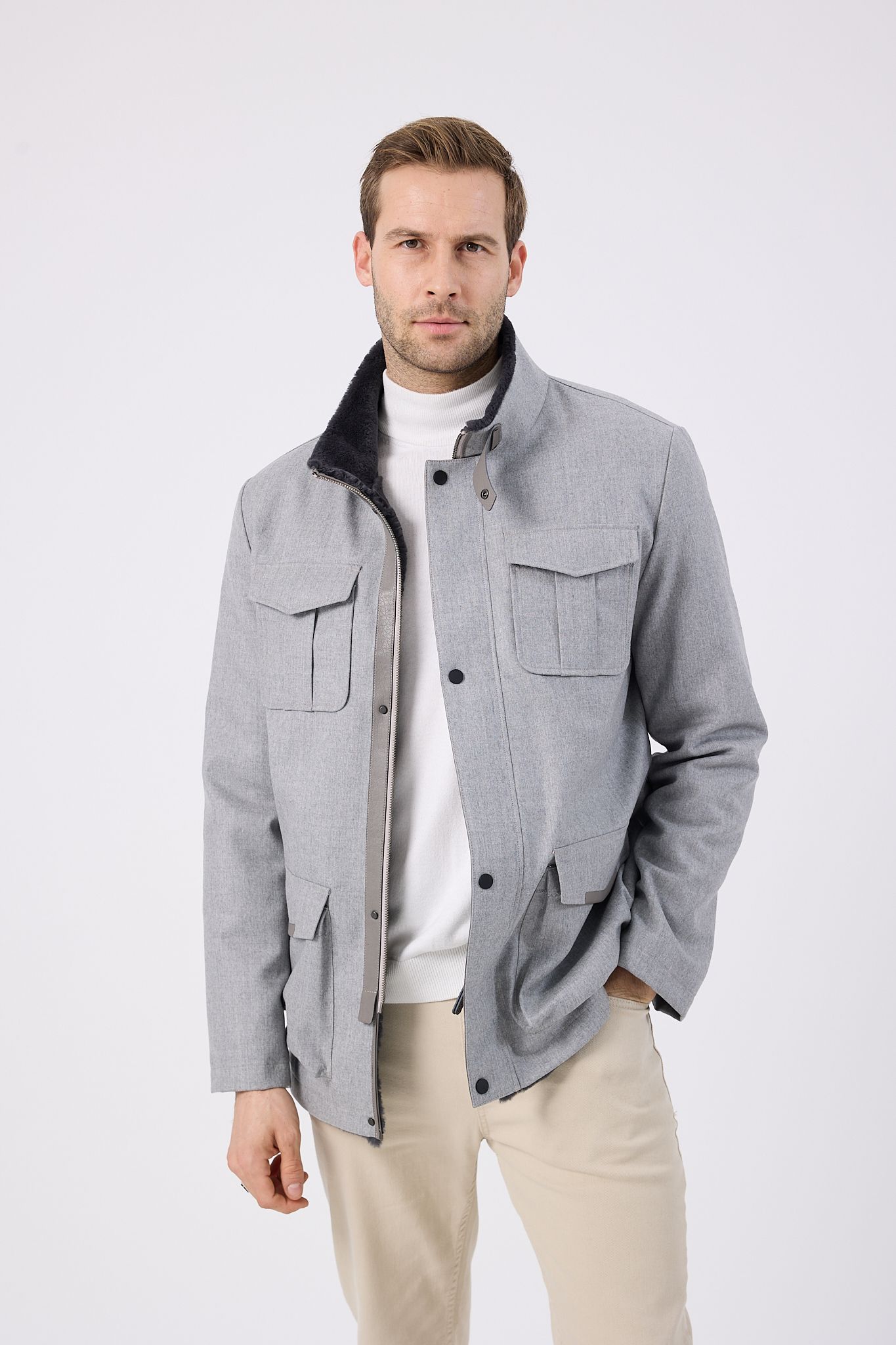 Vicuna Men's Fabric Coat with Rex Trimming