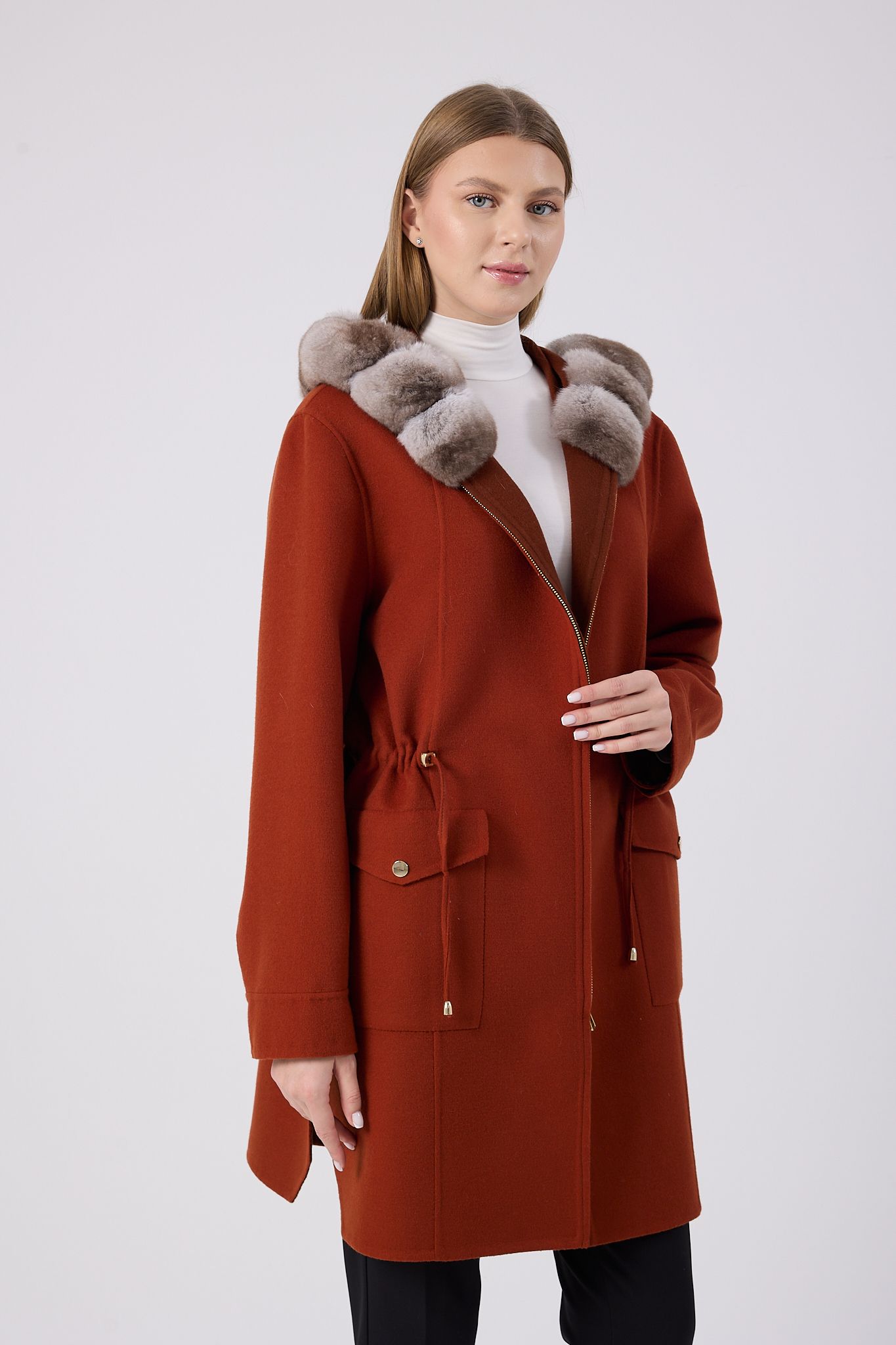 Vicuna Women's Loro Piana Fabric Coat with Chinchilla Trimming