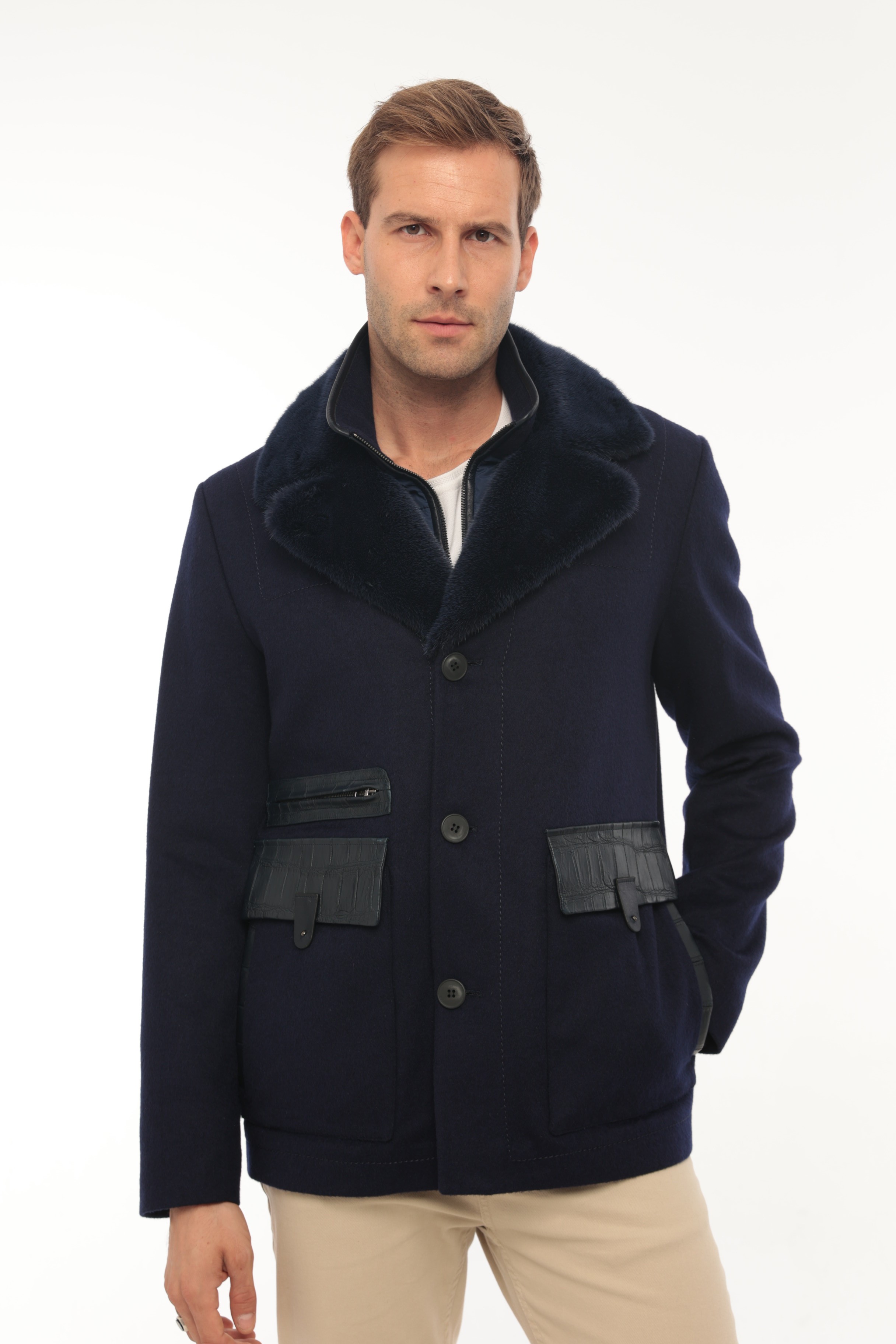 Vicuna Men's Wool Fabric Jacket With Crocodile Trimming