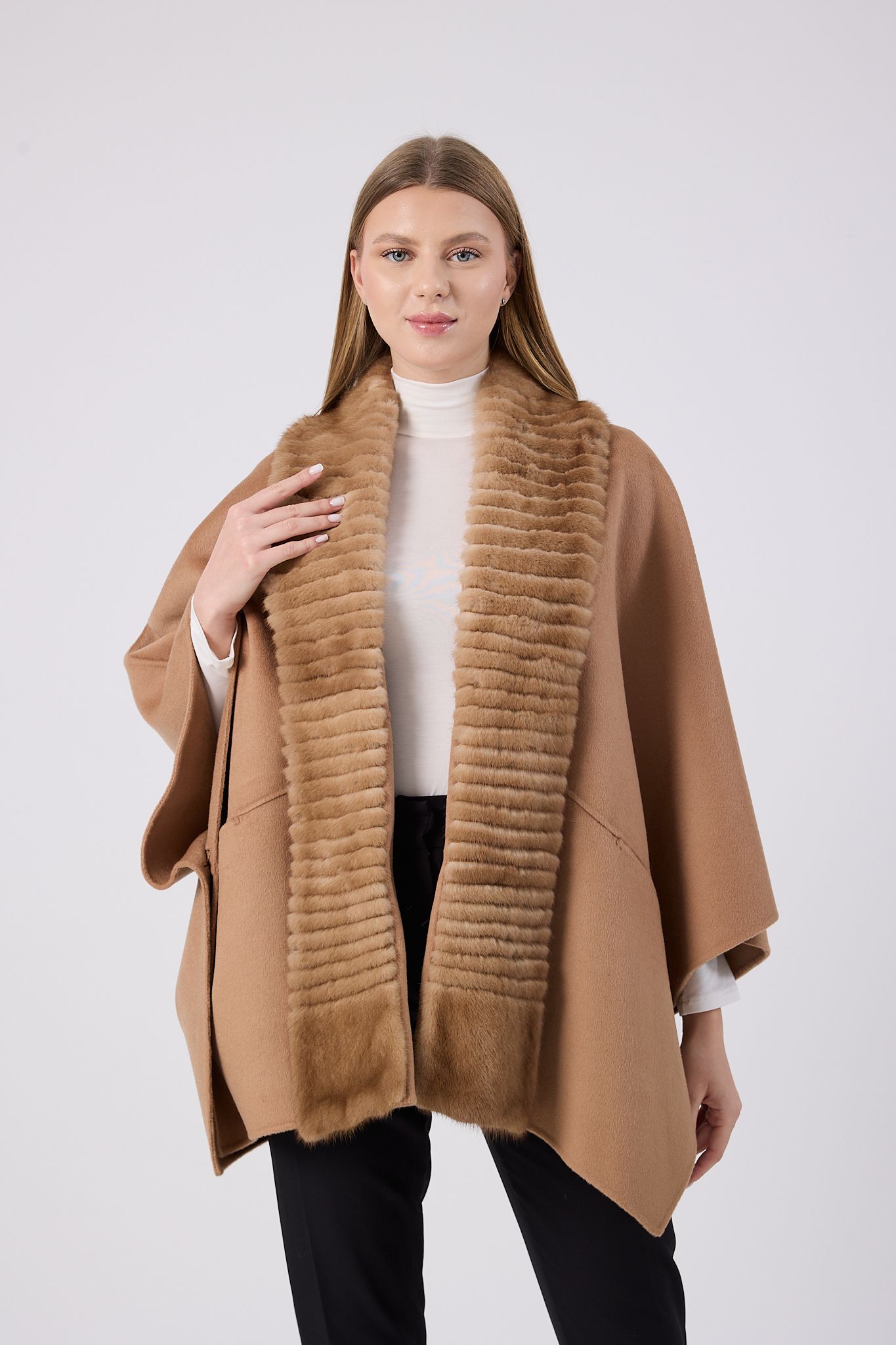 Vicuna Women's Fabric Cape with Mink Trimming