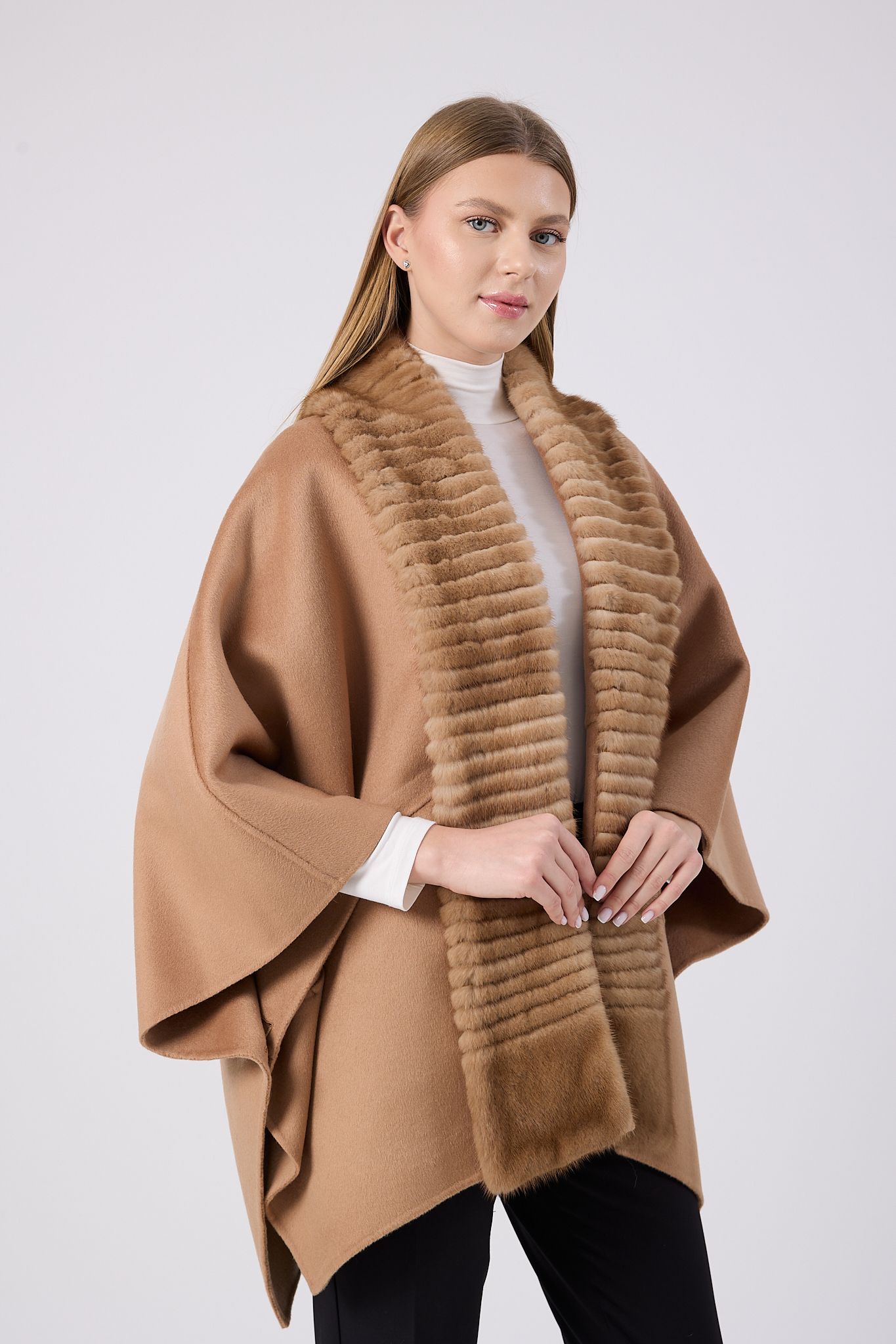 Vicuna Women's Fabric Cape with Mink Trimming