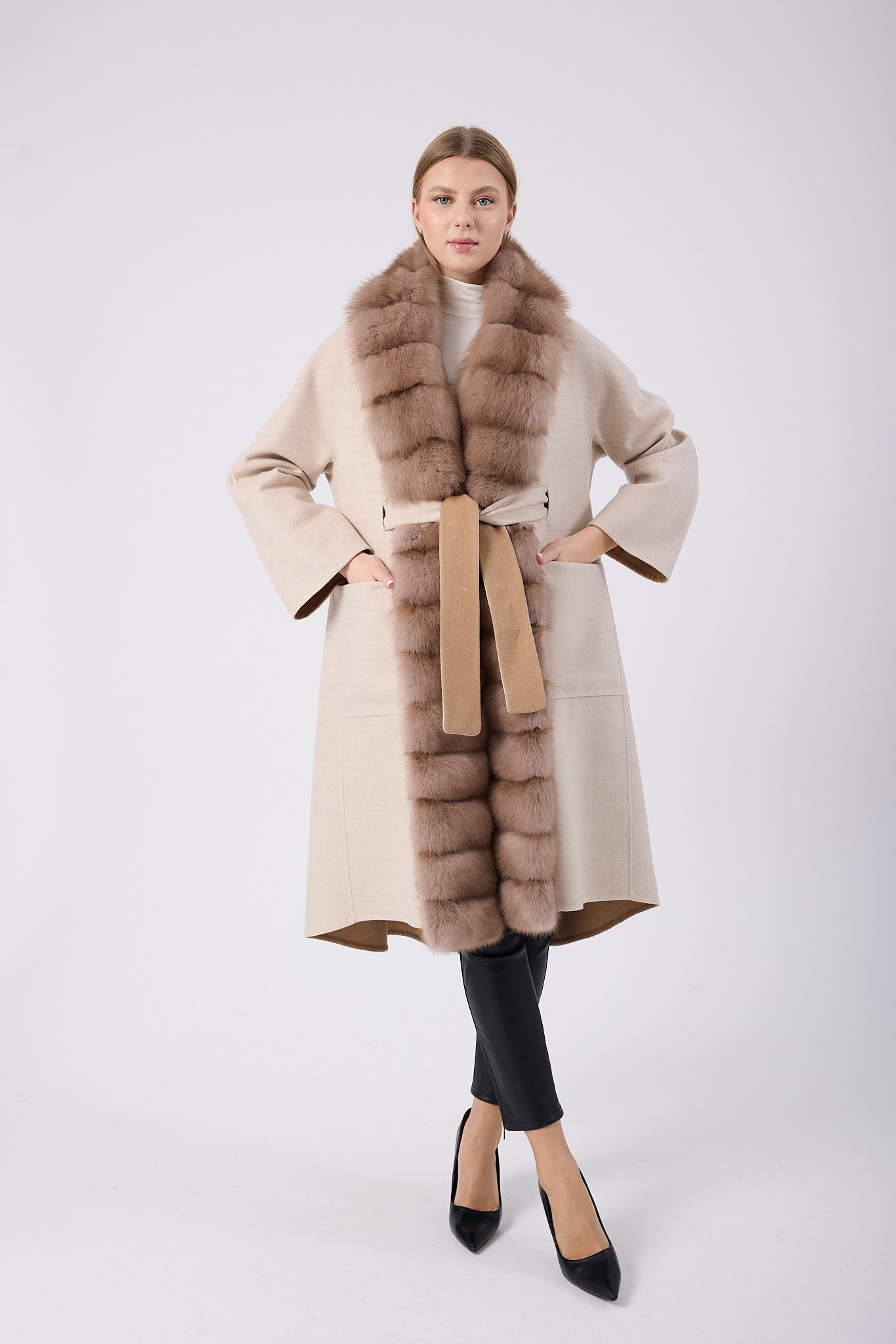 Vicuna Women's Loro Piana Fabric Coat with Sable Trimming