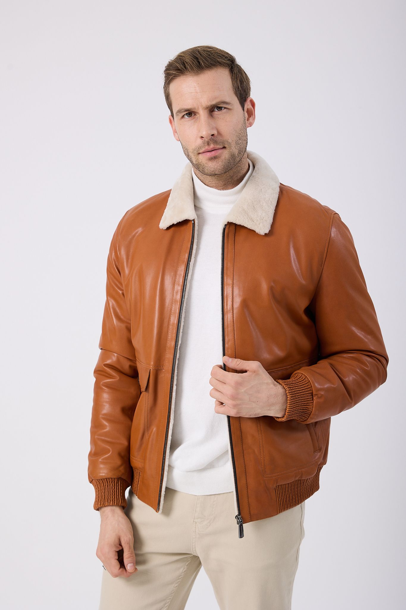 Vicuna Men's Leather Jacket with Lamb Fur Trimming