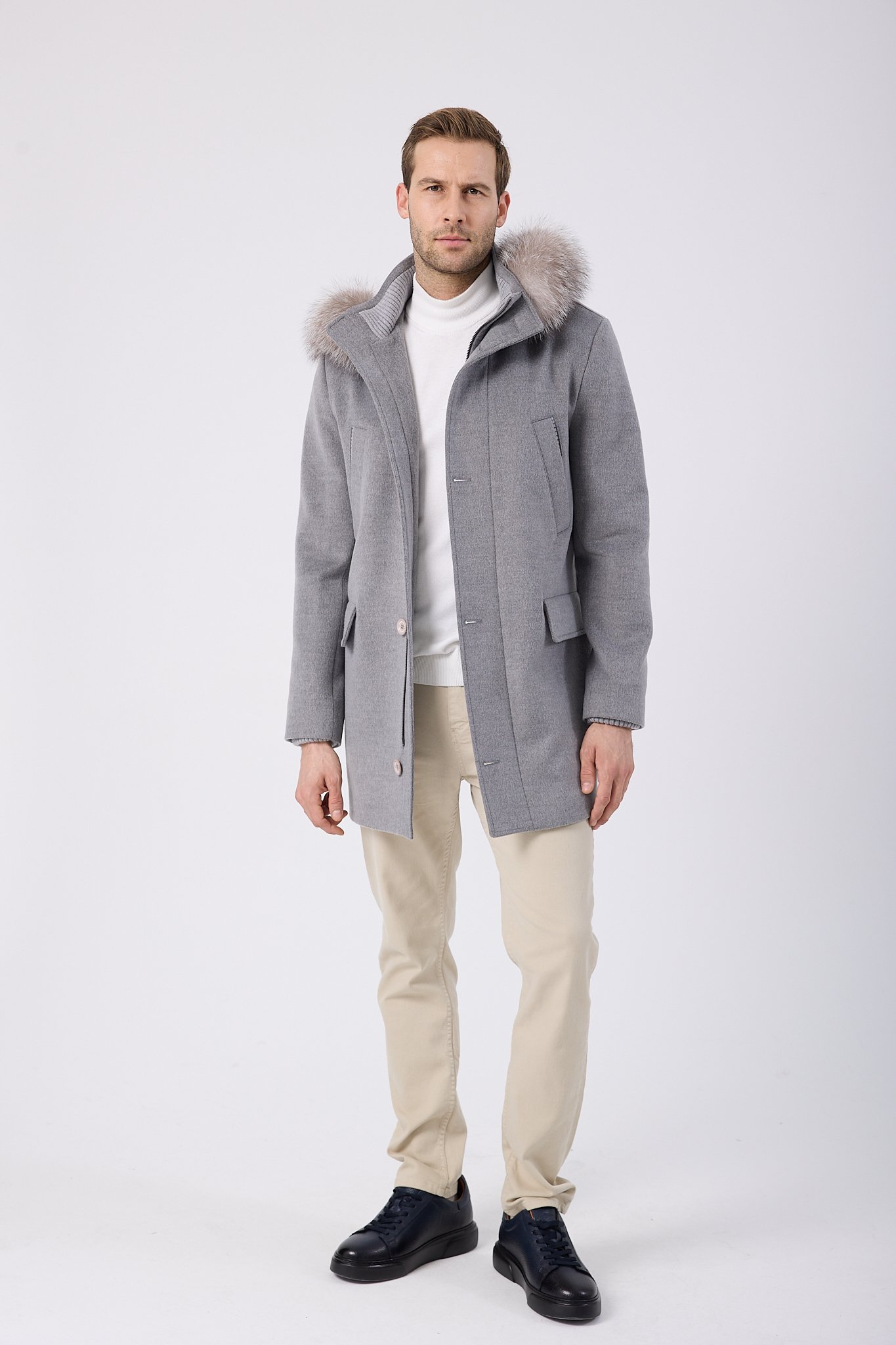 Vicuna Men's Fabric Coat with Fox Trimming