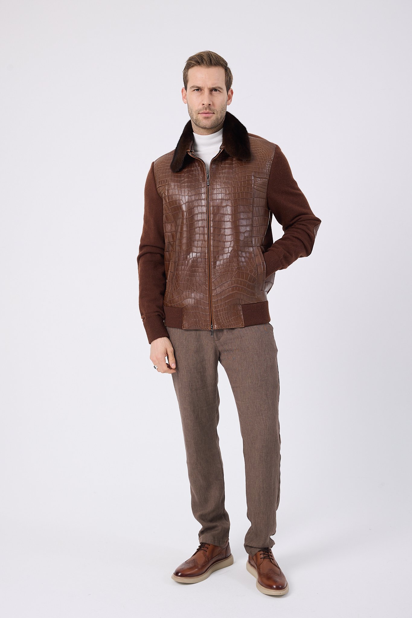 Vicuna Men's Crocodile Jacket with Knit and Mink Trimming