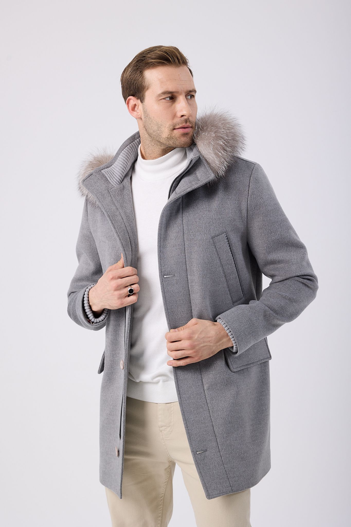 Vicuna Men's Fabric Coat with Fox Trimming