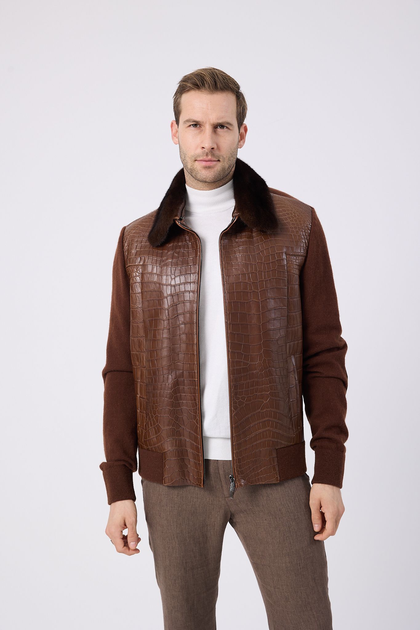 Vicuna Men's Crocodile Jacket with Knit and Mink Trimming