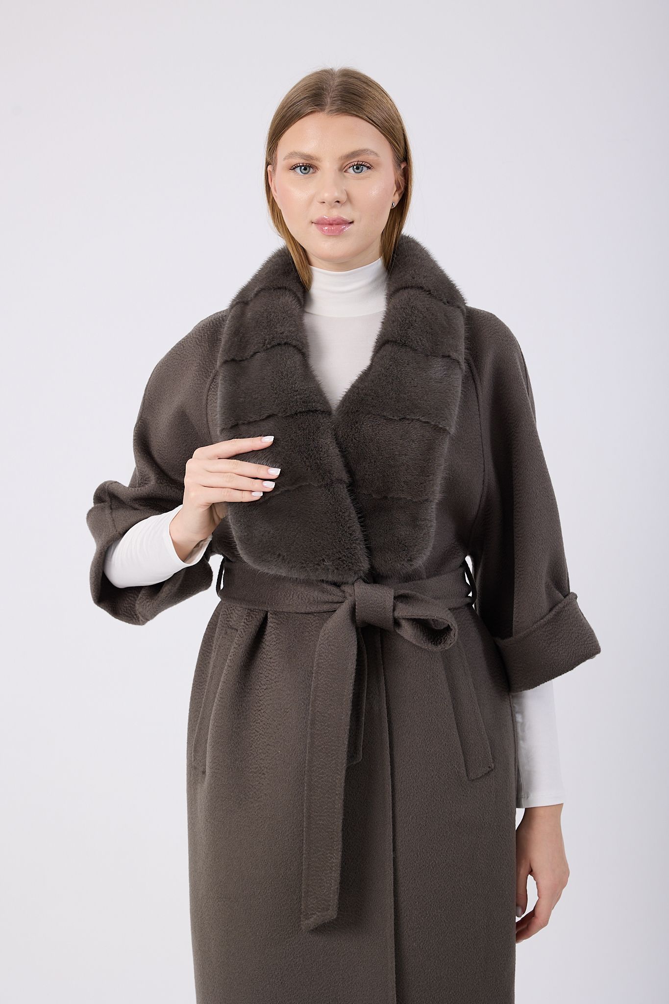 Vicuna Women's Fabric Coat with Mink Trimming - DARK GREY