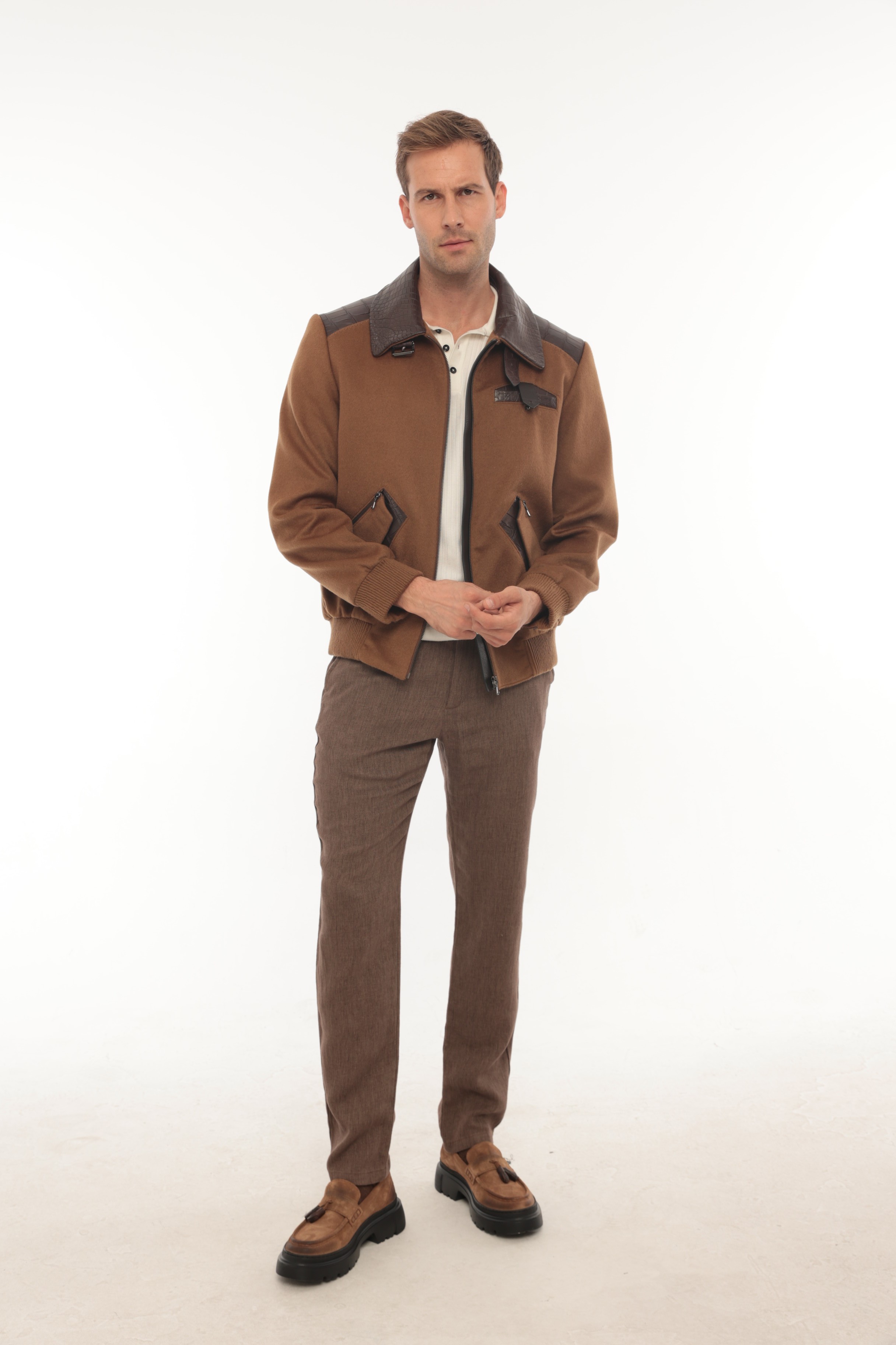 Vicuna Men's Wool Fabric Jacket With Crocodile Trimming