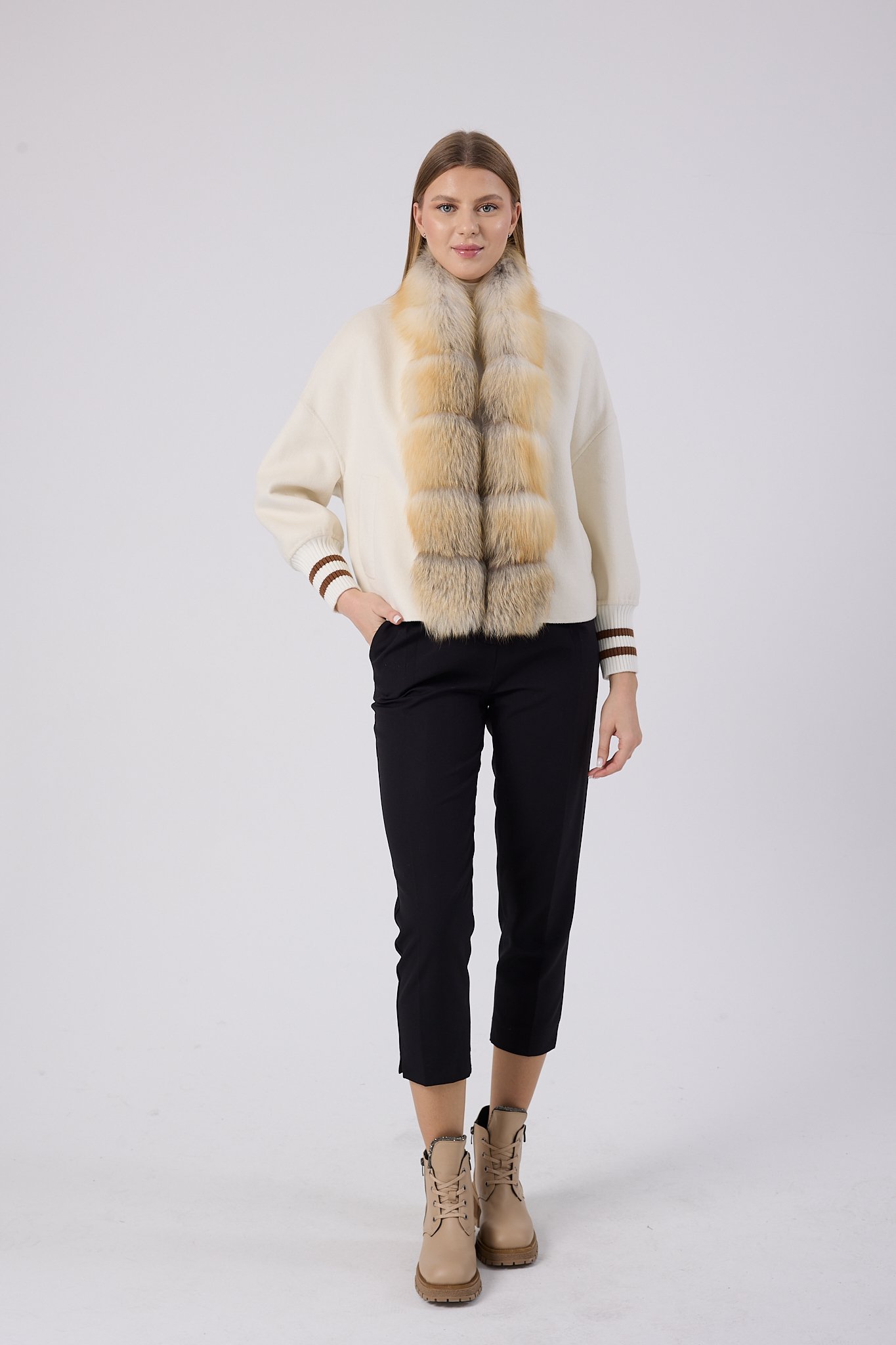 Vicuna Women's Fabric Jacket with Fox Trimming