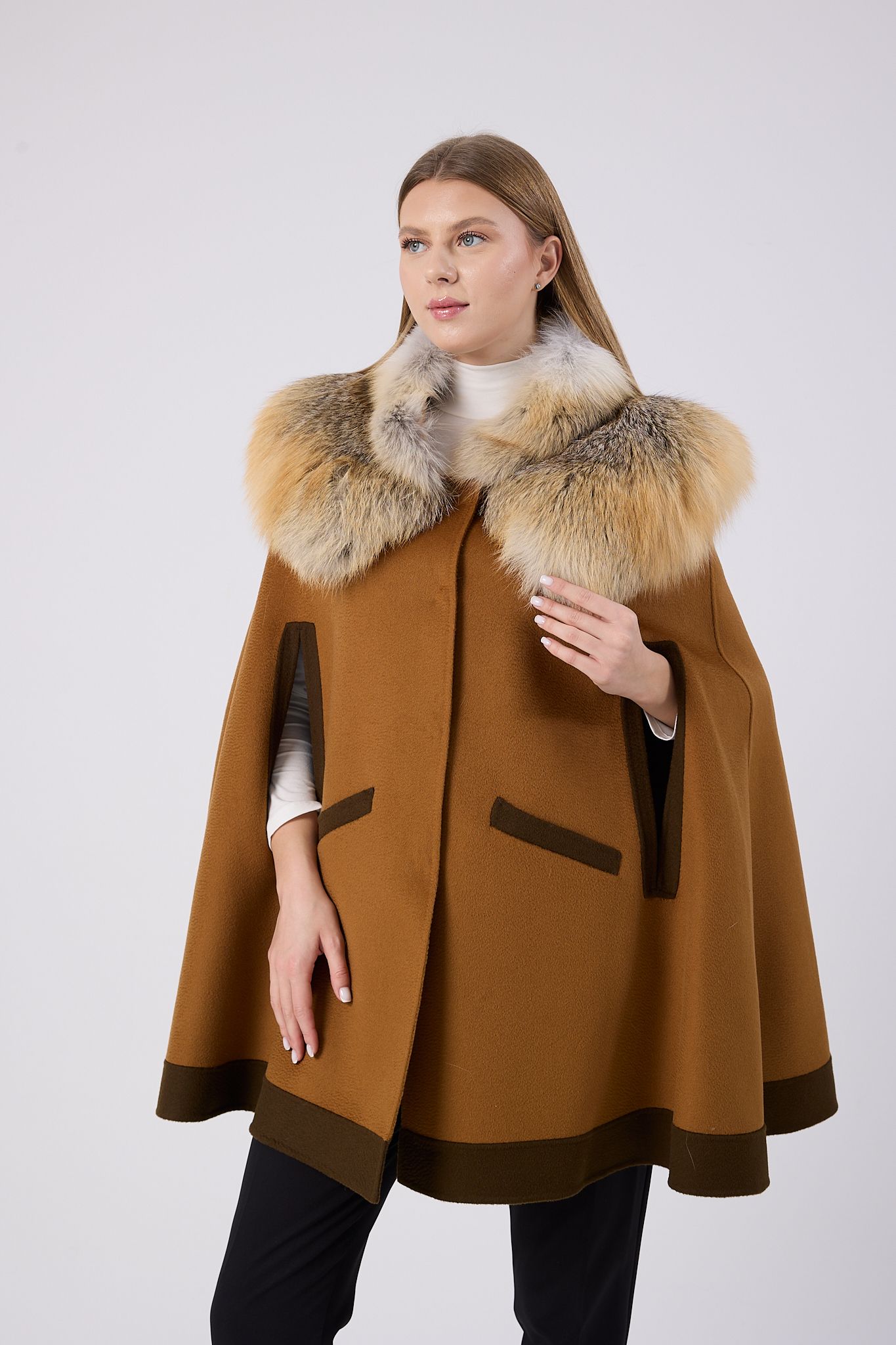 Vicuna Women's Fabric Cape with Fox Trimming