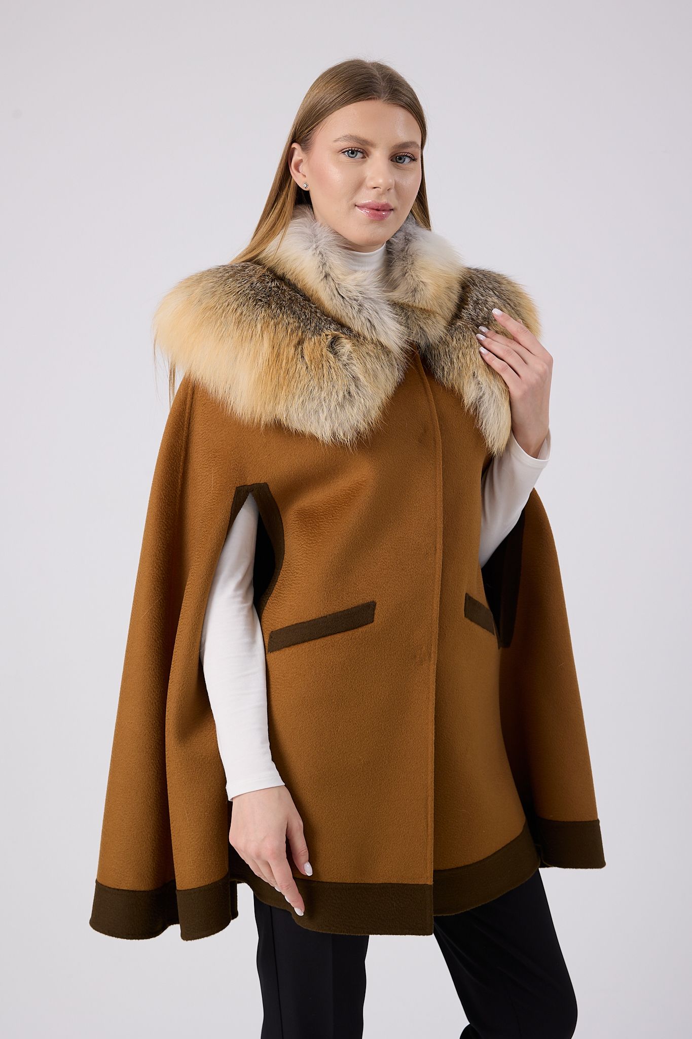 Vicuna Women's Fabric Cape with Fox Trimming