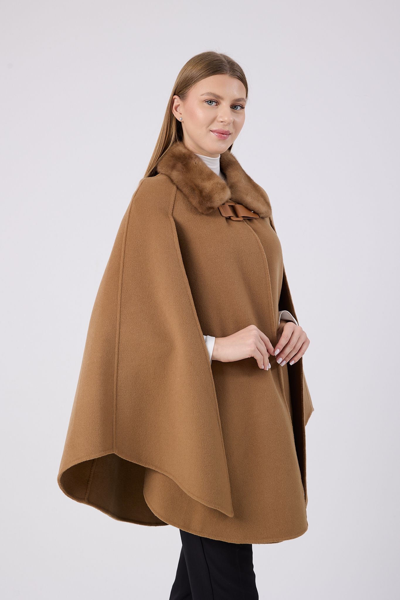 Vicuna Women's Fabric Cape with Mink Trimming