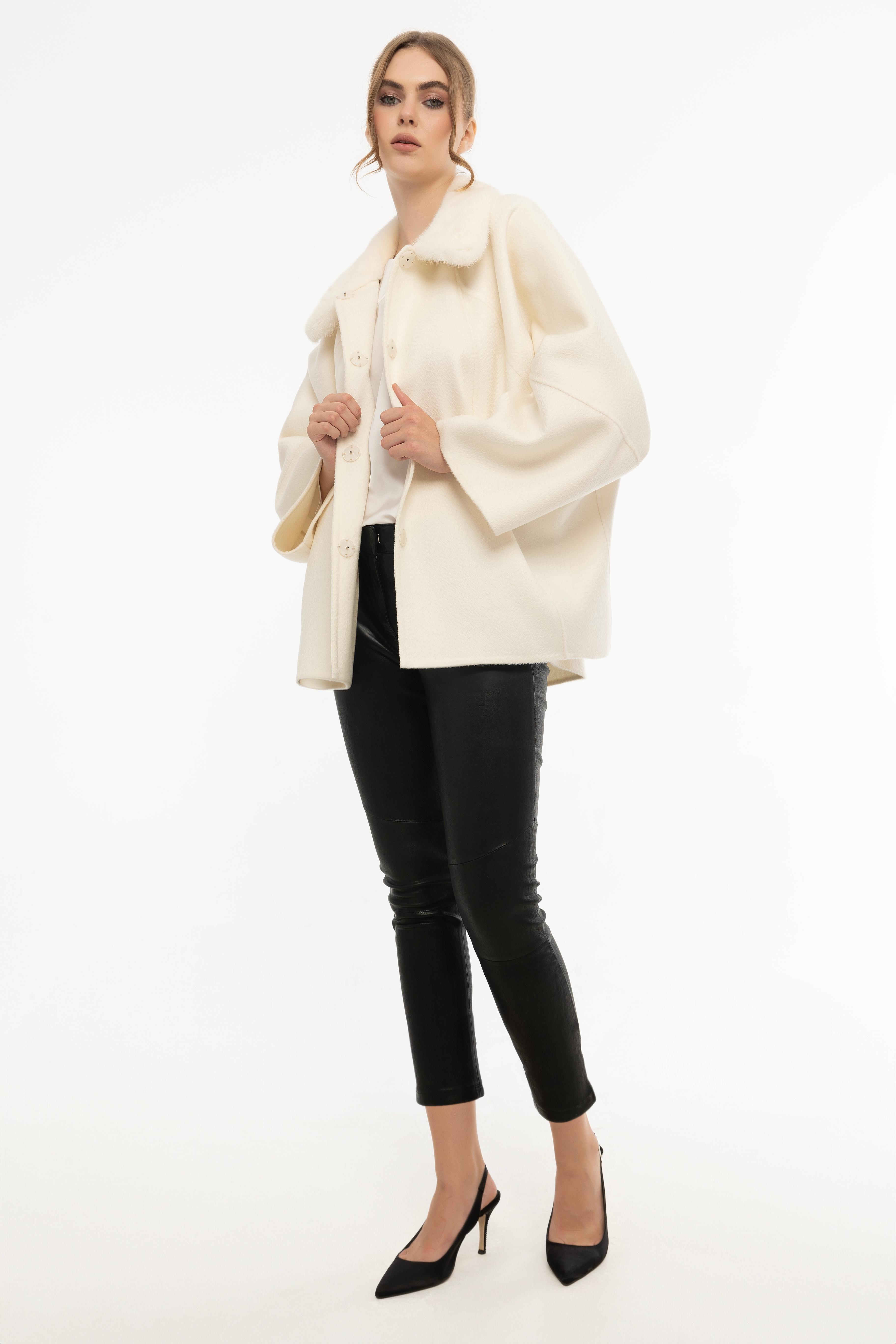 Vicuna Women's Fabric Jacket With Mink Trimming