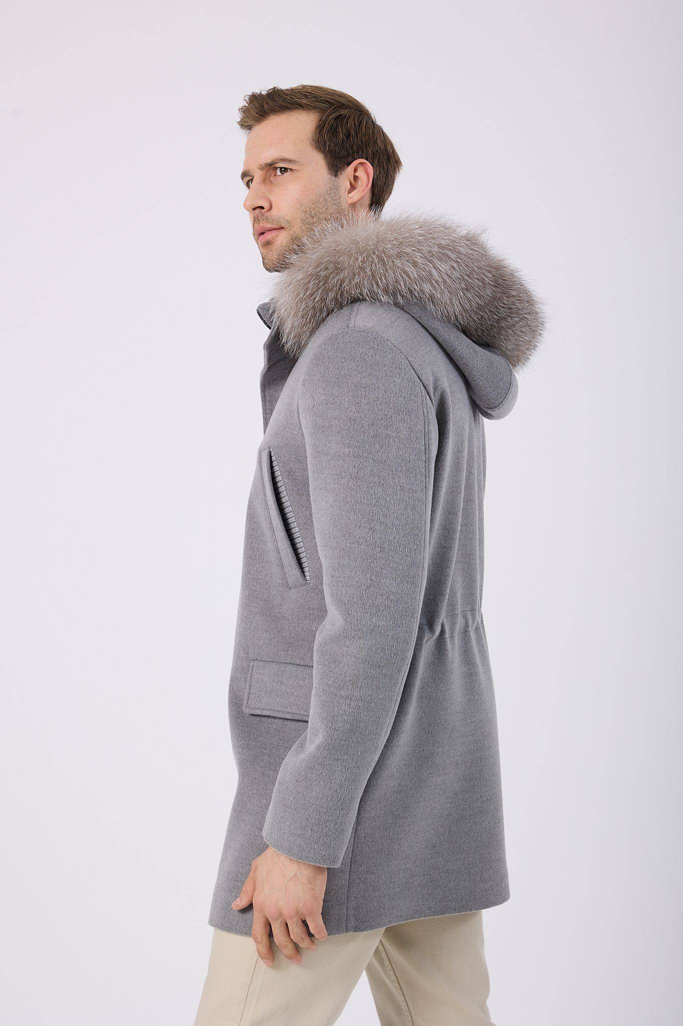 Vicuna Men's Fabric Coat with Fox Trimming