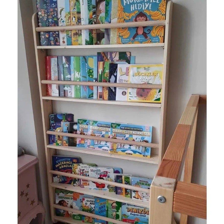 Mrt Ahşap Montessori Kitaplık Geniş Model Yuvarlak Çıtalı 5 Katlı