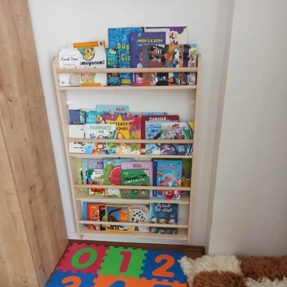 Mrt Ahşap Montessori Kitaplık Geniş Model Yuvarlak Çıtalı 4 Katlı