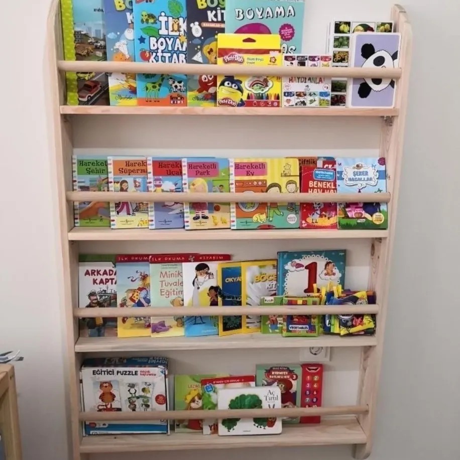 Mrt Ahşap Montessori Kitaplık Geniş Model Yuvarlak Çıtalı 4 Katlı