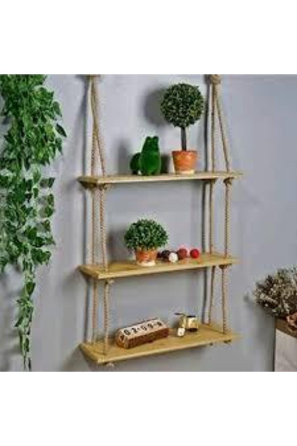 3 Katlı Halatlı Ahşap Raf