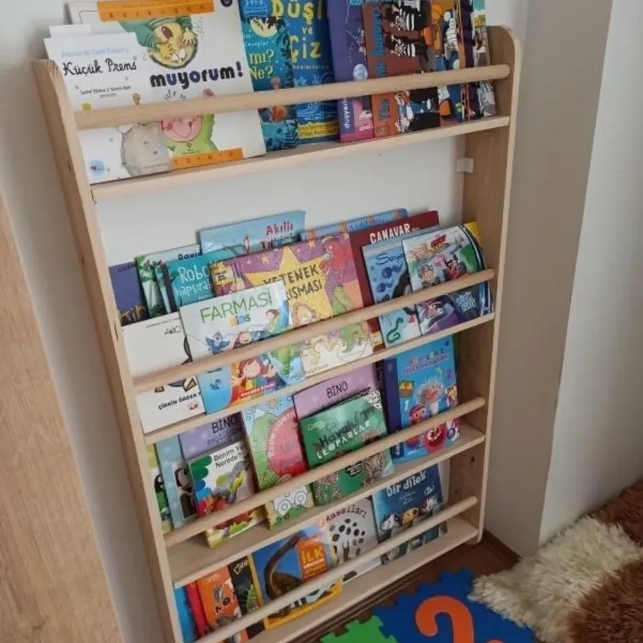 Mrt Ahşap Montessori Kitaplık Geniş Model Yuvarlak Çıtalı 4 Katlı