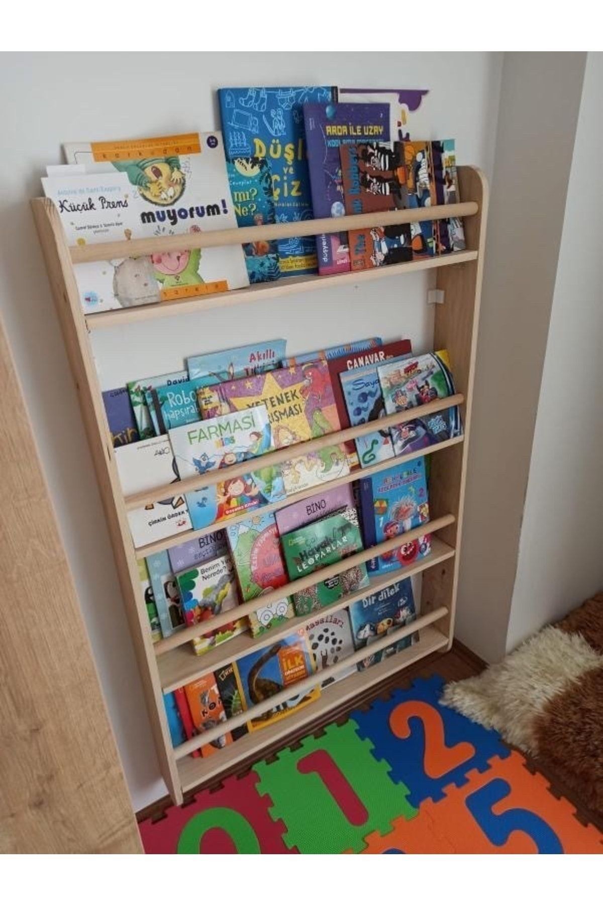 Montessori Kitaplık Geniş Model Yuvarlak Çıtalı 70 Cm